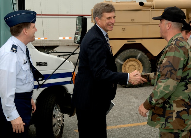 Dr. Ronald Sega,  Under the Secretary of the Air Force and  Col. Glen Joerger, 437 Airlift Wing(AW) Commander (CC) greet Lt. Col. John Pepin, 437th AW Aerial Port Squadron CC, May 3, 2007 at the 437th AW Aerial Port Squadron on Charleston Air Force Base, S.C., during a tour for Dr. Sega. (Released)(U.S. Air Force photo by Airman 1st Class Nicholas Pilch)