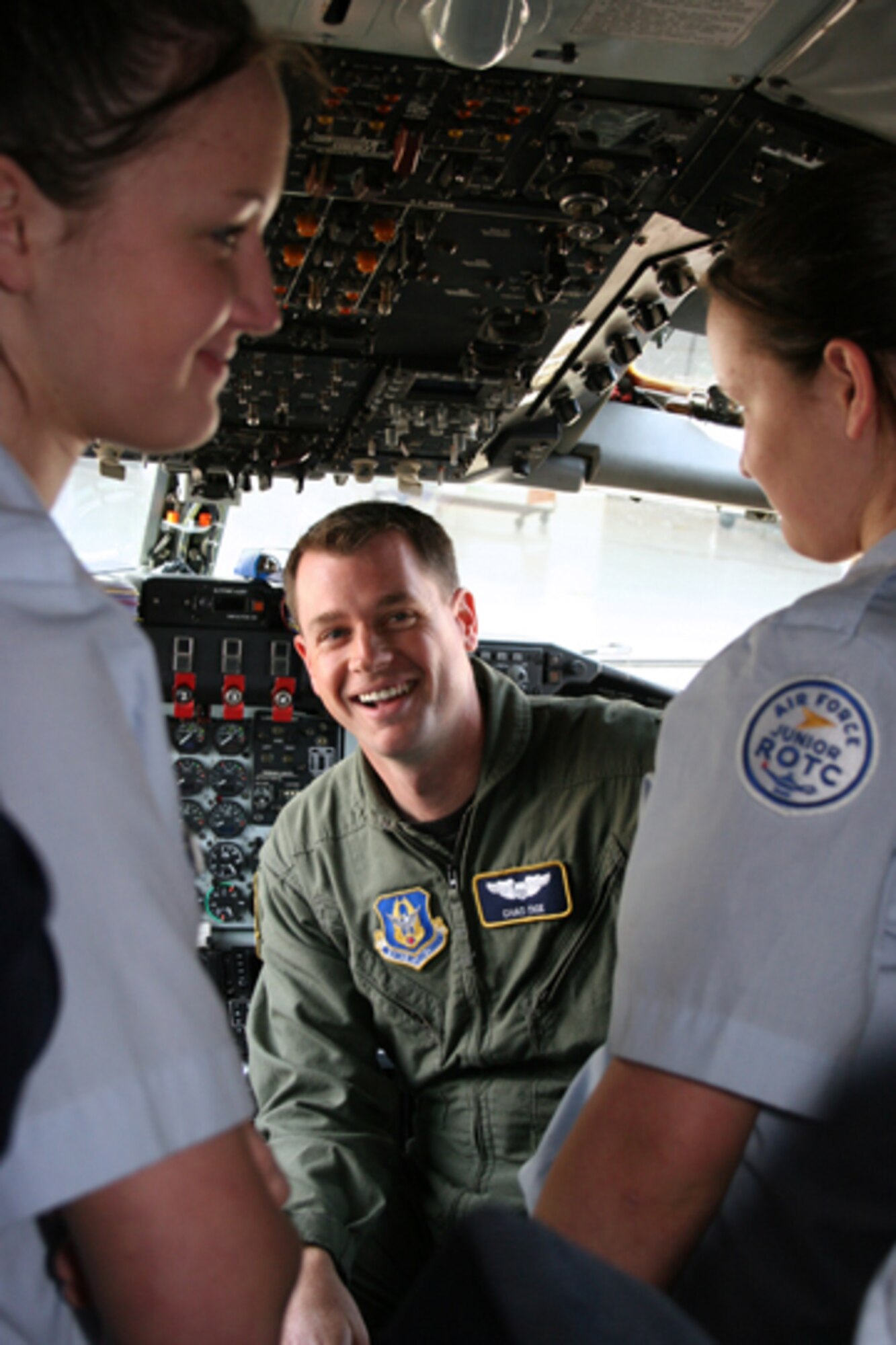 GRISSOM AIR RESERVE BASE, Ind. -- First Lt. Chadwick  Tice, a KC-135R Stratotanker pilot with the 72nd Air Refueling Squadron, shares his knowledge of the KC-135 with a visiting group of Air Force Junior Reserve Officer Training Corps members from Owen Valley High School. Many of the members of the JROTC are considering an career in aviation with the U.S. Air Force, and Grissom Airmen provide local high school students valuable insight. Grissom personnel are involved in many outreach programs such as this throughout the local area.(U.S. Air Force photo/Senior Airman Omar Delacruz)