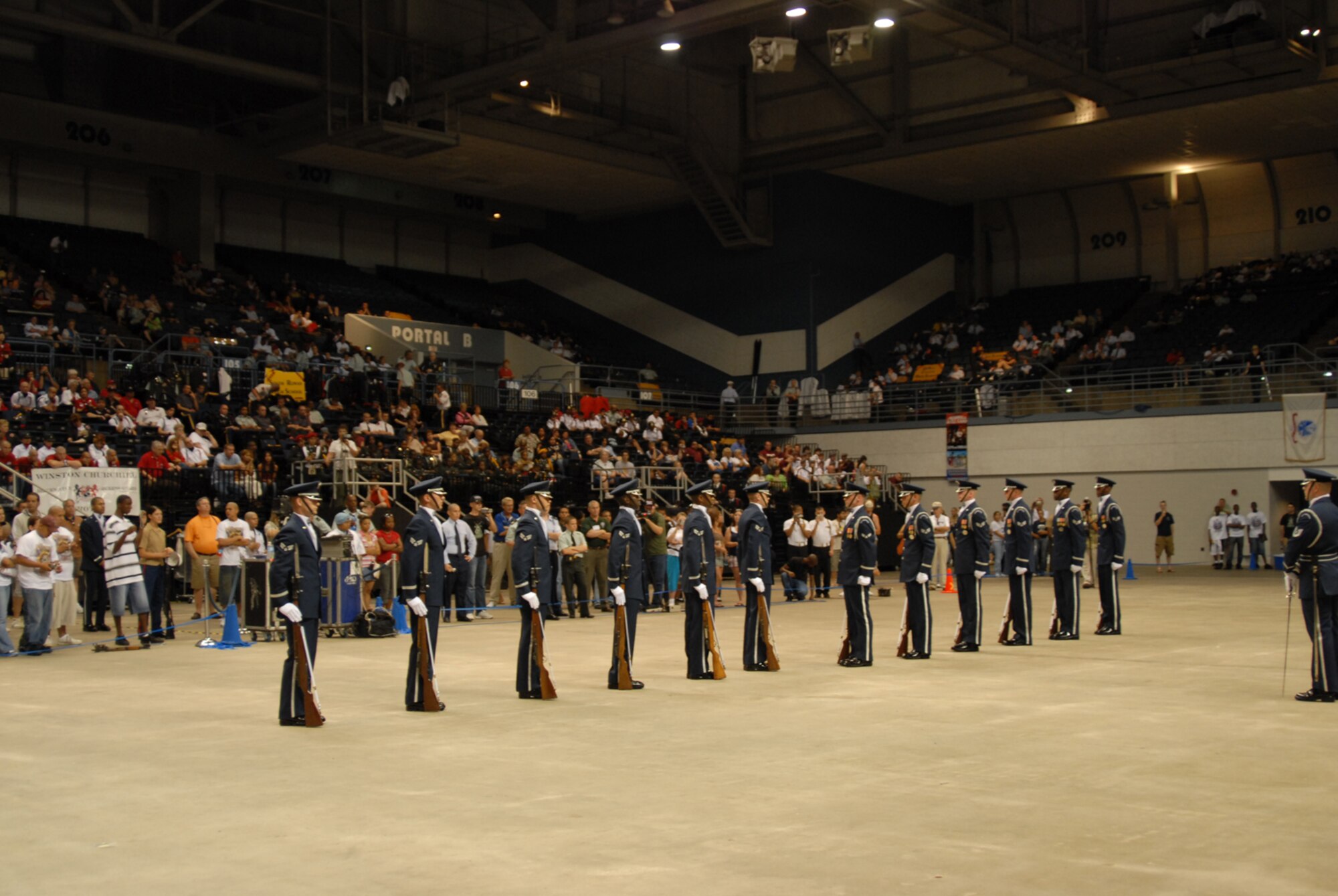DAYTONA, Fla. - The Air Force Honor Guard Drill Team  performs at the National High School Drill Team Championships May 6.  The team's performance was the last of their latest tour to Florida, in which they also performed for the Ft. Lauderdale Air and Sea Show.