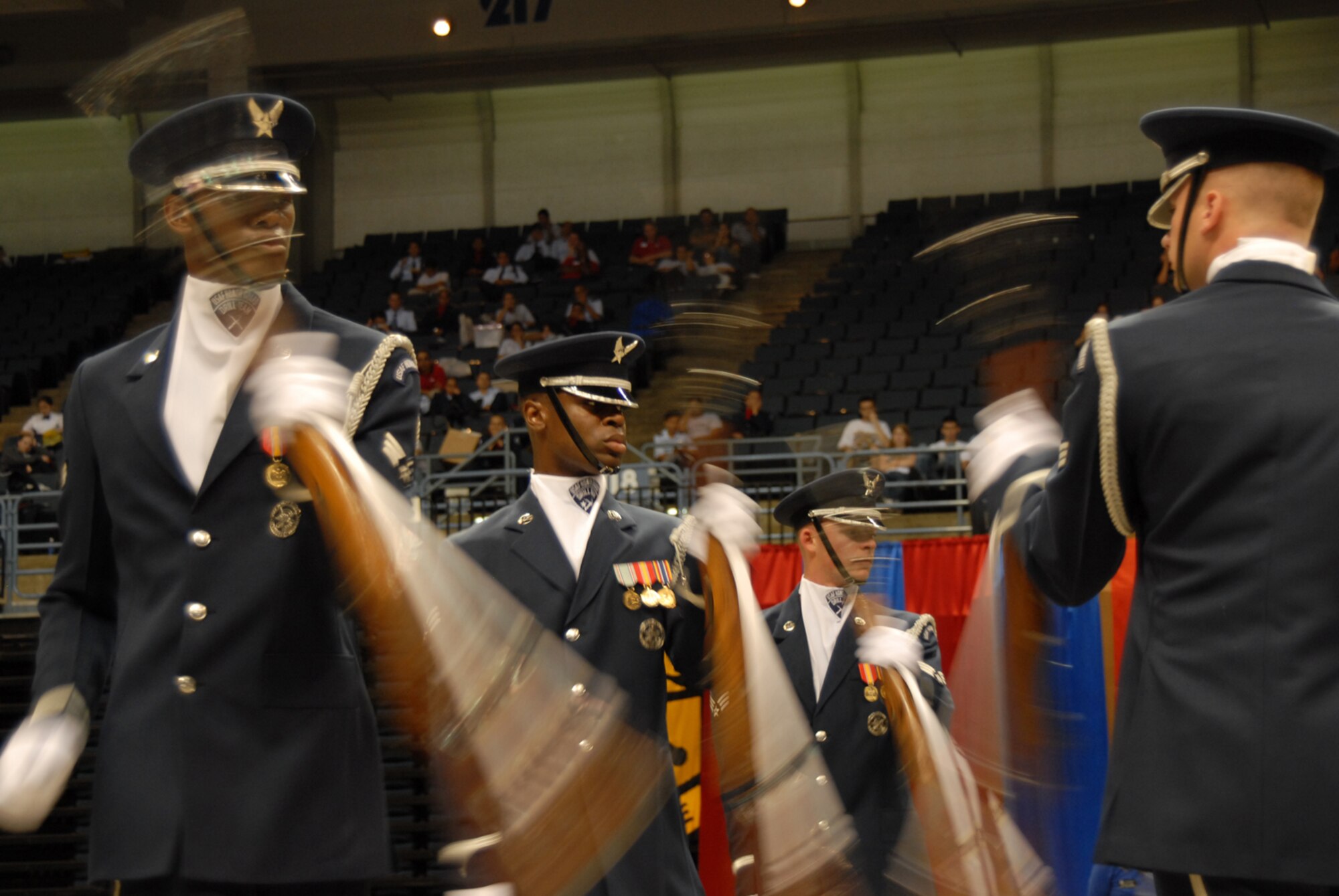 DAYTONA, Fla. - The Air Force Honor Guard Drill Team  performs at the National High School Drill Team Championships May 6.  The team's performance was the last of their latest tour to Florida, in which they also performed for the Ft. Lauderdale Air and Sea Show.