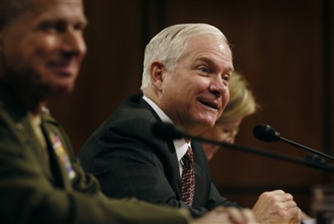 Defense Secretary Robert M. Gates testifies before the Senate Appropriations Committee in Washington, May 9, 2007.  Chairman of the Joint Chiefs of Staff U.S. Marine Gen. Peter Pace and Tina Jonas, under secretary of defense comptroller, also testified.