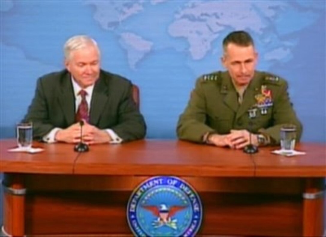 Defense Secretary Robert M. Gates and Chairman of the Joint Chiefs of Staff U.S. Marine Gen. Peter Pace conduct a press briefing at the Pentagon, May 9, 2007.