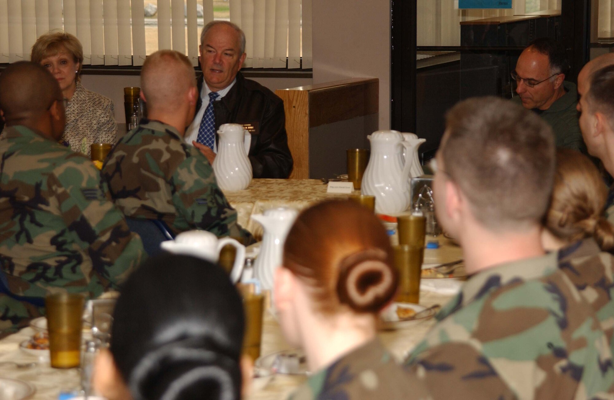 EIELSON AIR FORCE BASE, Alaska -- Secretary of the Air Force Michael W. Wynne speaks to Airman during an open forum at the Two Seasons Dining Facility on May 09. The 21st Secretary of the Air Force is currently touring the Pacific Region to introduce his top priorities for the Air Force -- winning the war on terrorism, fostering mutual integrity and respect, and revitalizing for the service's aging infrastructure and fleet. (U.S. Air Force photo by Airman 1st Class Jonathan Snyder)