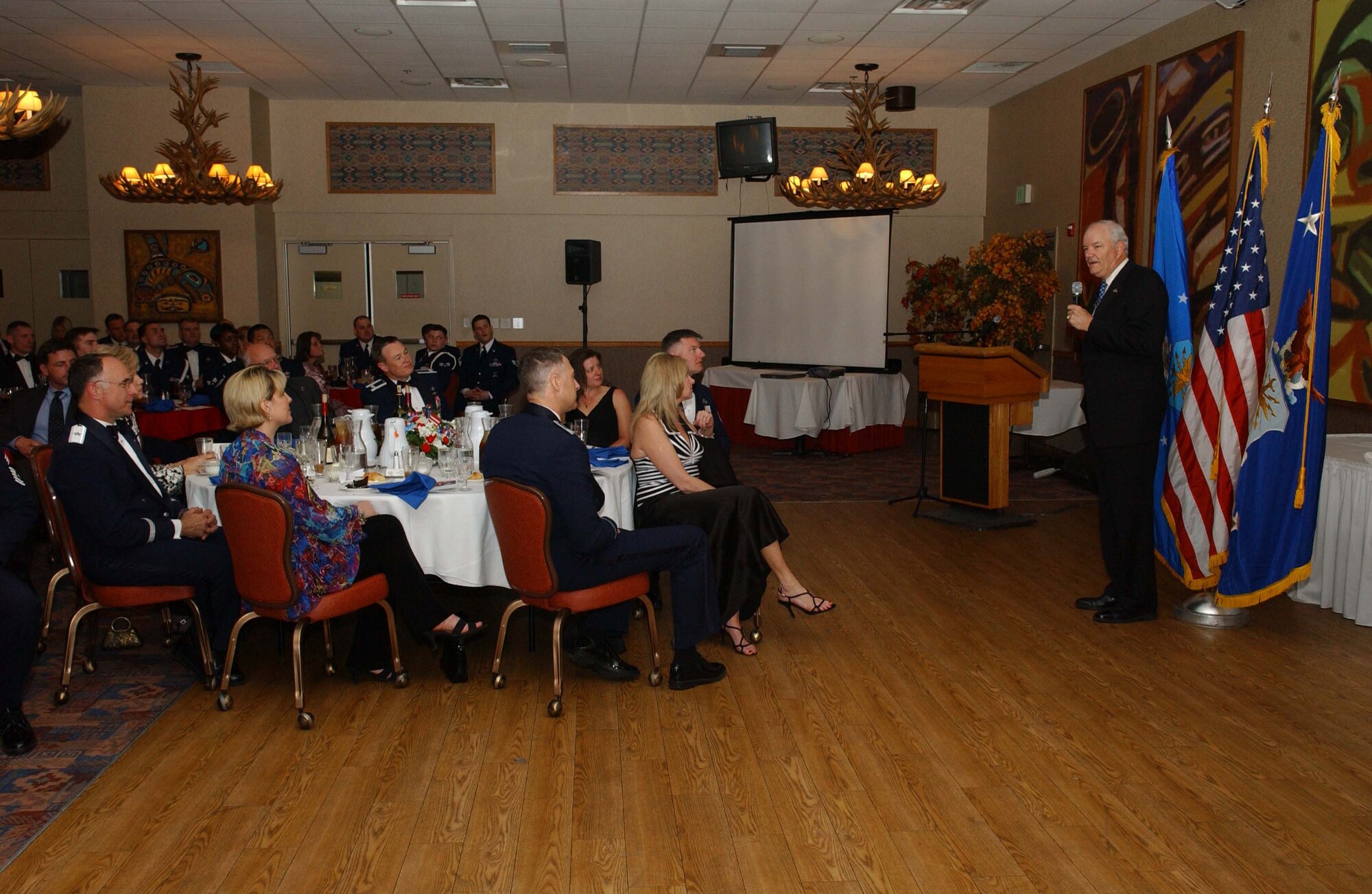 EIELSON AIR FORCE BASE, Alaska -- Secretary of the Air Force Michael W. Wynne gives a speech to the graduating class of Airman Leadership School on May 08. The 21st Secretary of the Air Force is currently touring the Pacific Region to introduce his top priorities for the Air Force -- winning the war on terrorism, fostering mutual integrity and respect, and revitalizing for the service's aging infrastructure and fleet. (U.S. Air Force photo taken by Airman 1st Class Christopher Griffin)