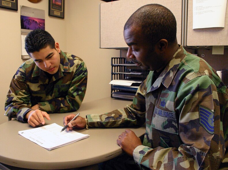 LAUGHLIN AIR FORCE BASE, Texas -- Second Lt. Alberto Gilroy, 47th Operations Support Squadron, gets an insight of investment opportunities and the available resources the Airman and Family Readiness Center uses for Financial Management Program from Tech. Sgt. Anthony Williams, personal financial manager and former Laughlin?s Air Force Aid officer.  Whether Airmen are seeking help with financial problems, credit card debts, budget matters, or just looking for ways to manage or invest their money better, Laughlin?s Personal Financial Management Program offers a variety of assistance.  Also, more helps are available on Militaryonesource.com.  (U.S. Air Force photo by Senior Airman Olufemi Owolabi) 