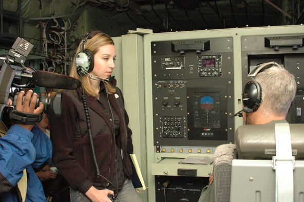 Jene Young of WKRG-TV in Mobile, Ala. interviews Lt. Col. Jon Talbot, Aerial Reconnaissance Weather Officer for the Hurricane Hunters during Media Day on May 8, 2007. Six media outlets from across the nation flew on the technologically advanced WC-130J to better understand the critical mission of the Air Force Reserve's 53rd Weather Reconnaissance Squadron of the 403rd Wing. The data collected by the Hurricane Hunters increase the accuracy of the National Hurricane Center forecast by 30 percent.

This year, the Hurricane Hunters will be equipped with the Stepped-Frequency Microwave Radiometer which continuously measures the wind speed at the surface of the ocean and can measure rainfall rates in the storm. (U.S. Air Force Photo/Airman 1st Class Tabitha Spinks)