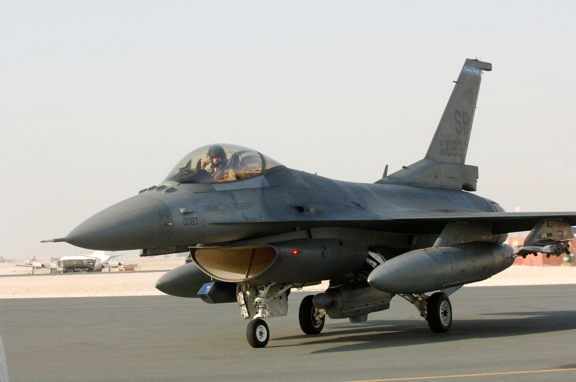 An Air Force F-16 Fighting Falcon returns from a mission in Southwest Asia. F-16s provided overwatch during a successful raid near Baghdad May 10. (U.S. Air Force photo) 
