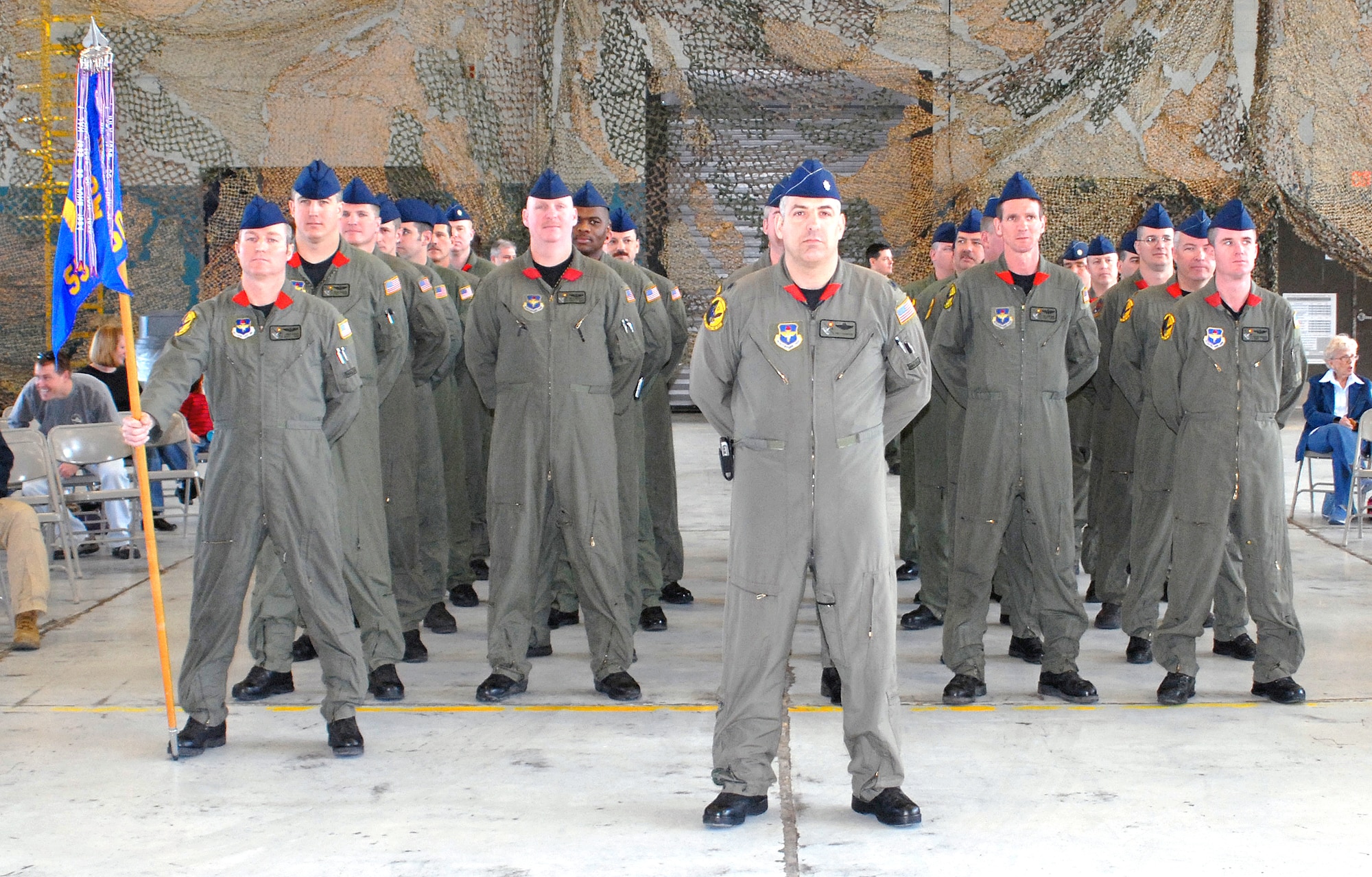 Lt. Col. Brett Hauenstein commands the 551st Special Operations Squadron formation during the squadron deactivation ceremony April 27. U.S. Air Force photo by Dennis Carlson