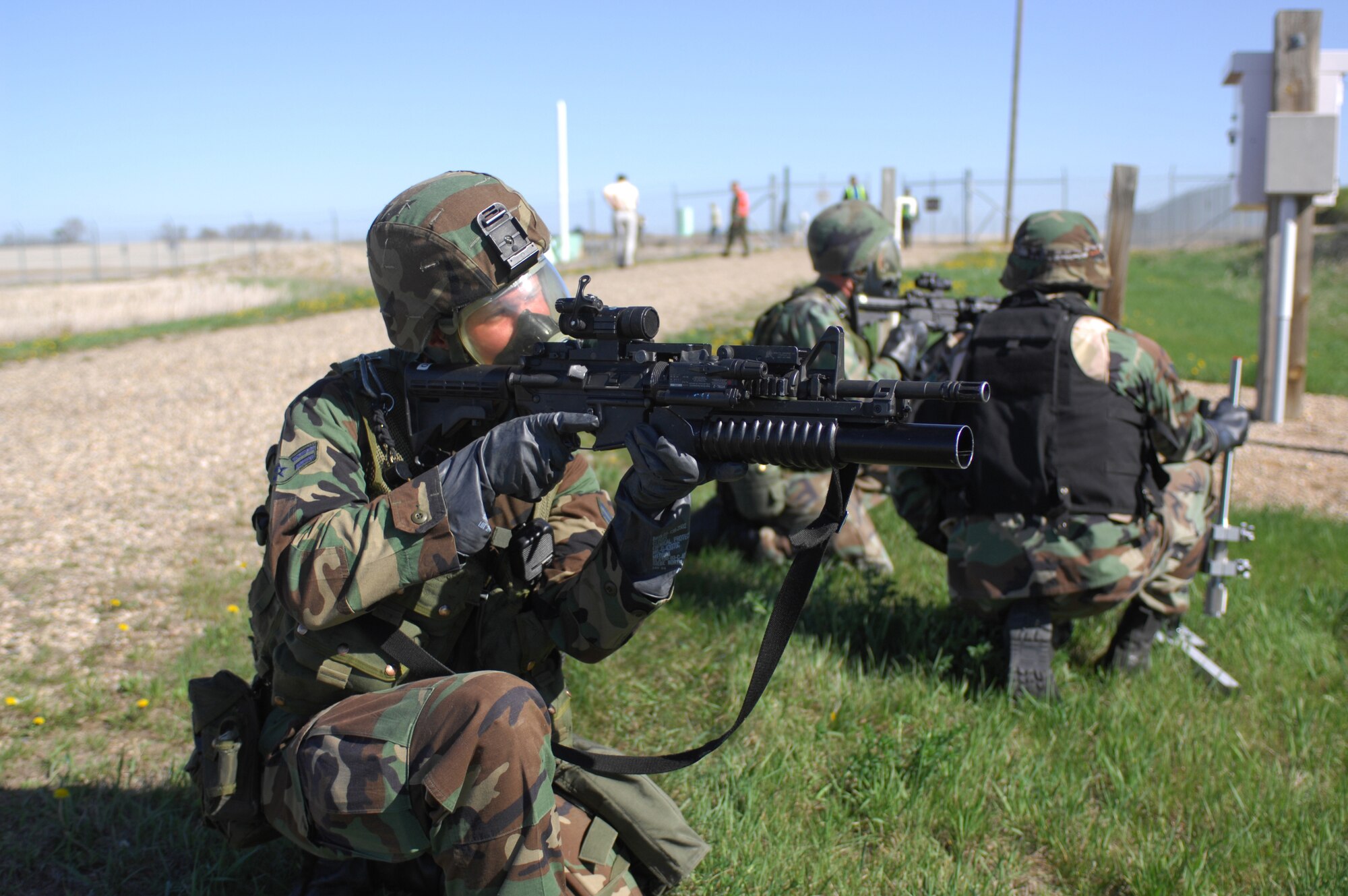 MINOT AIR FORCE BASE, N.D. -- Airman 1st Class Joshua Dillman, 791st Missile Security Forces Squadron, provides security to a missile launch facility by monitoring avenues of approach to ensure the site is not penetrated during a major accident response exercise May 9. Minot Air Force Base conducts exercises like this to enhance its response capability. (U.S. Air Force photo by Airman 1st Class Joe Rivera)