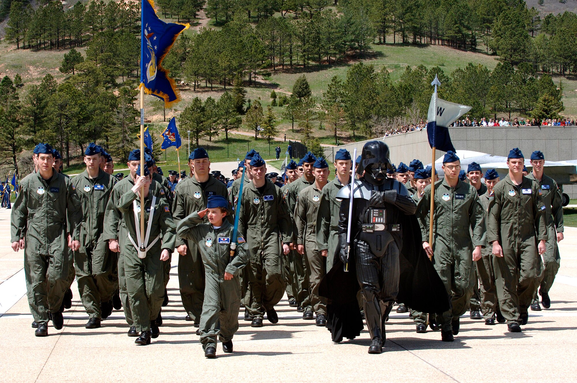 Ten-year-old Julian Willis leads cadet squadron 39 during the lunchtime formation at the U.S. Air Force Academy, Colo. The Make-a-Wish Foundation and the Air Force Academy made Julian a "Cadet for a Day".  Cadets donate money for the program and have sponsored 22 children since it started in 2000. (USAF Photo by Mike Kaplan)