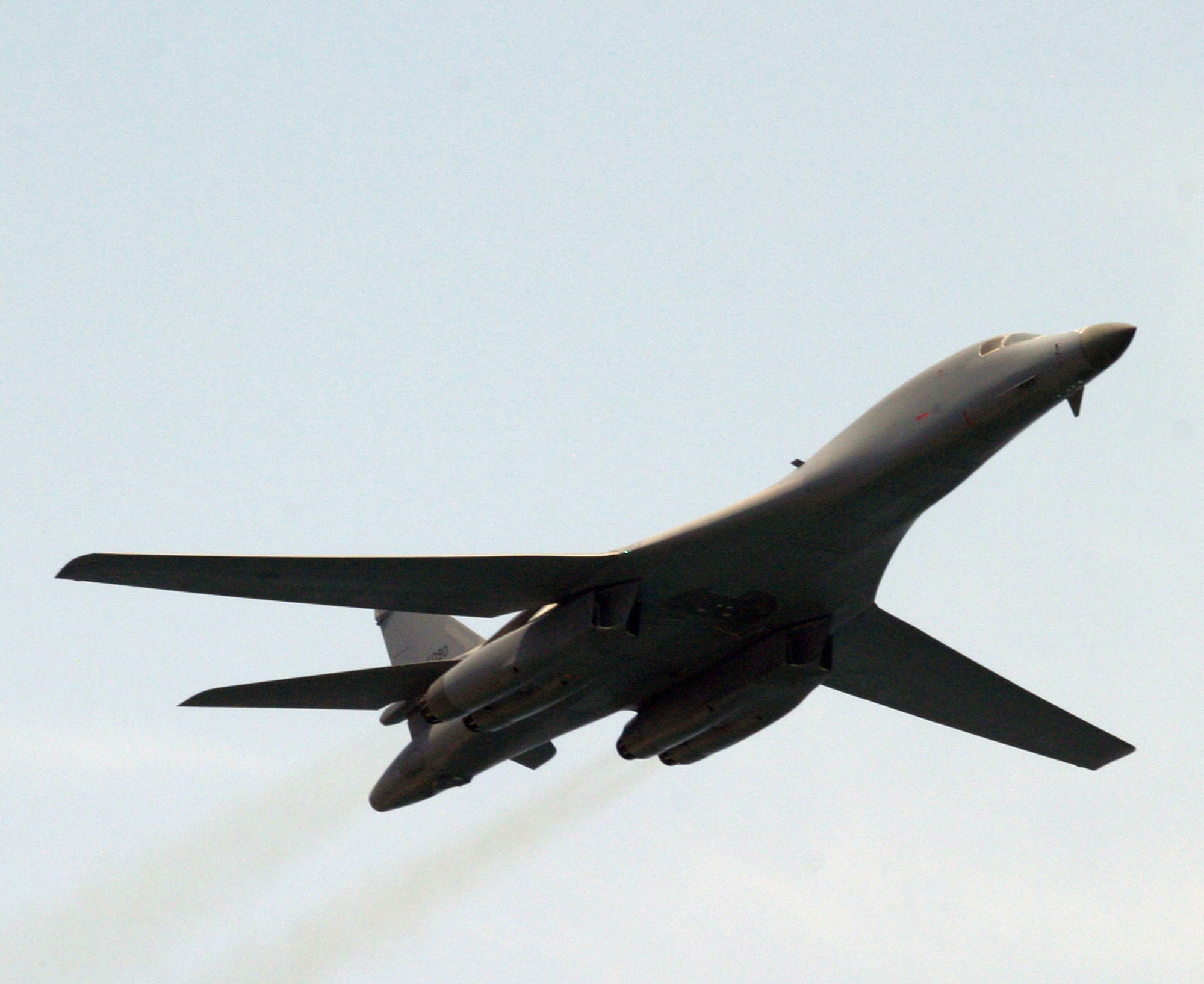 A B-1B Lancer multi-role bomber jet flies above Ft. Lauderdale, Fla., during the 2007 McDonald’s Air and Sea Show on May 6.  First developed in the 1970s as a replacement for the B-52 Stratofortress, the B-1 carries the largest payload of both guided and unguided weapons in the Air Force inventory and is considered the backbone of America’s long-range bomber force.  It can rapidly deliver massive quantities of precision and non-precision weapons against any adversary, anywhere in the world, at any time. (U.S. Air Force photo/Tech. Sgt. Paul Dean)