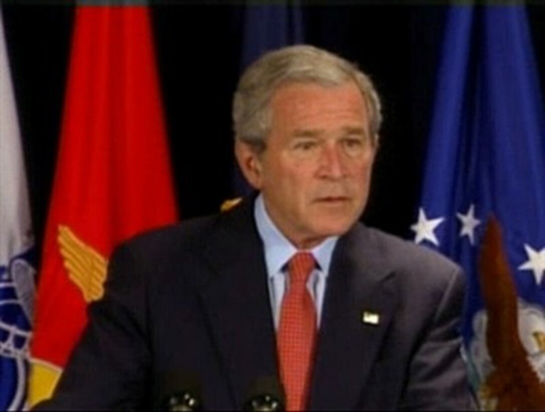 President of the United States George W. Bush speaks with reporters at the Pentagon, May 10, 2007. 