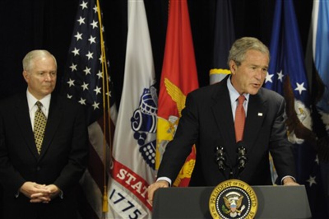 President George W. Bush speaks to reporters after meeting with defense leaders at the Pentagon, May 10, 2007.