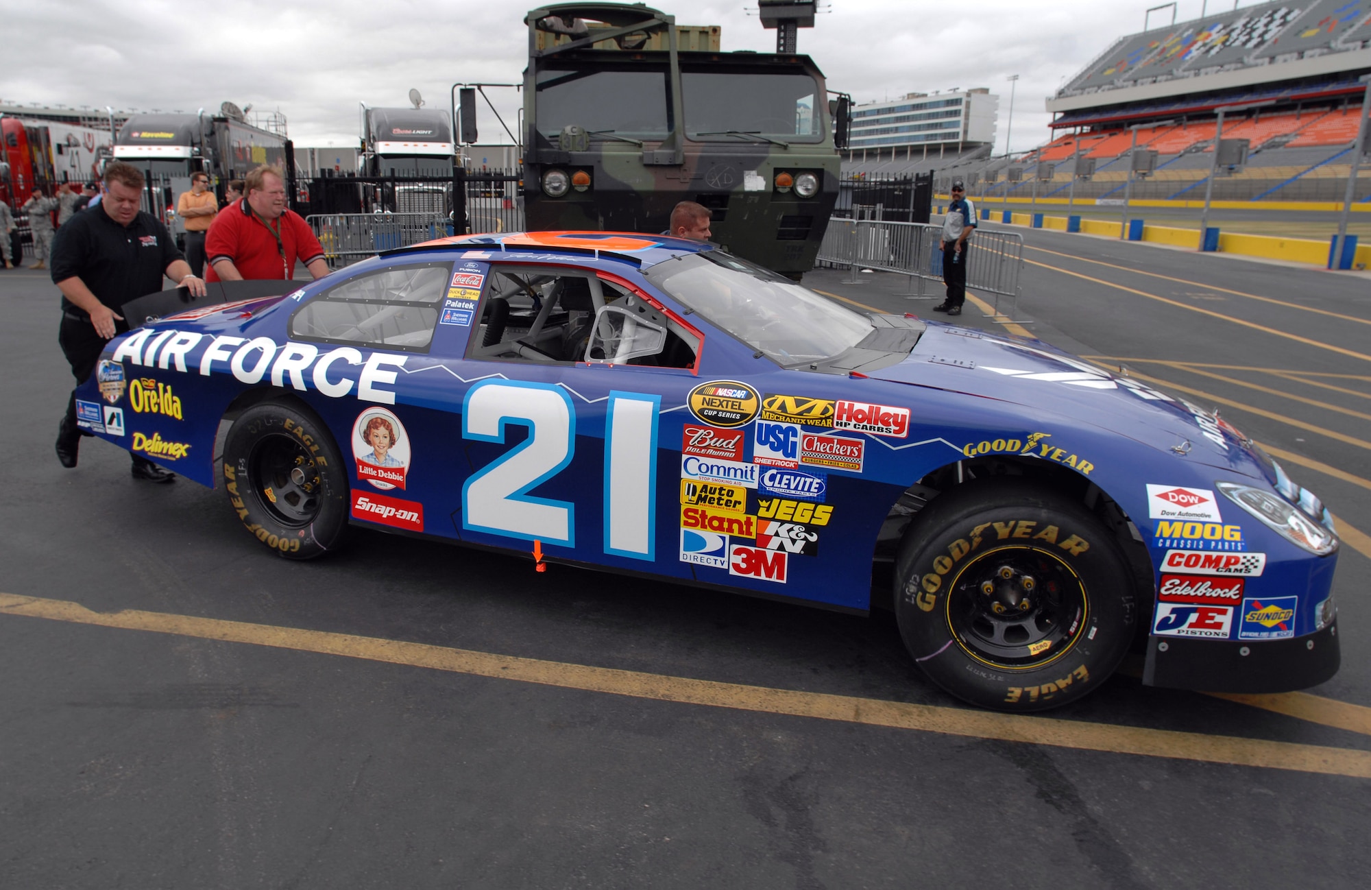 The U.S. Air Force's NASCAR No. 21, driven by Jon Wood, is parked May 8 on display at an unveiling ceremony at Lowe's Motor Speedway in Charlotte, N.C., in recognition of "American Heroes Memorial Day Salute to the Armed Forces". (Department of Defense photo/William D. Moss)