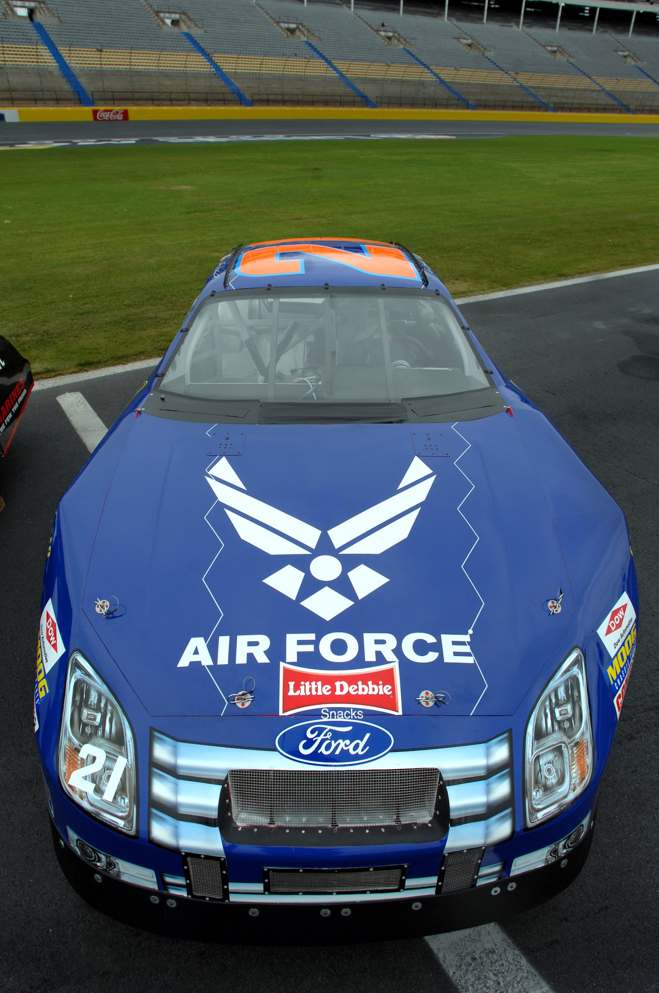 The U.S. Air Force's NASCAR No. 21, driven by Jon Wood, is parked May 8 on display at an unveiling ceremony at Lowe's Motor Speedway in Charlotte, N.C., in recognition of "American Heroes Memorial Day Salute to the Armed Forces". (Department of Defense photo/William D. Moss)