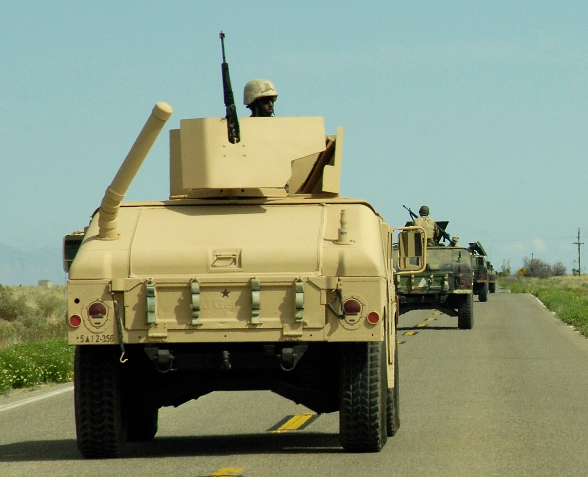 Airmen from the 49th Civil Engineer Squadron head out on a convoy for the Phase II exercise at Holloman. The 49 CES trained with Army for this convoy.  (U.S. Air Force photo by Airman 1st Class Michael Means)