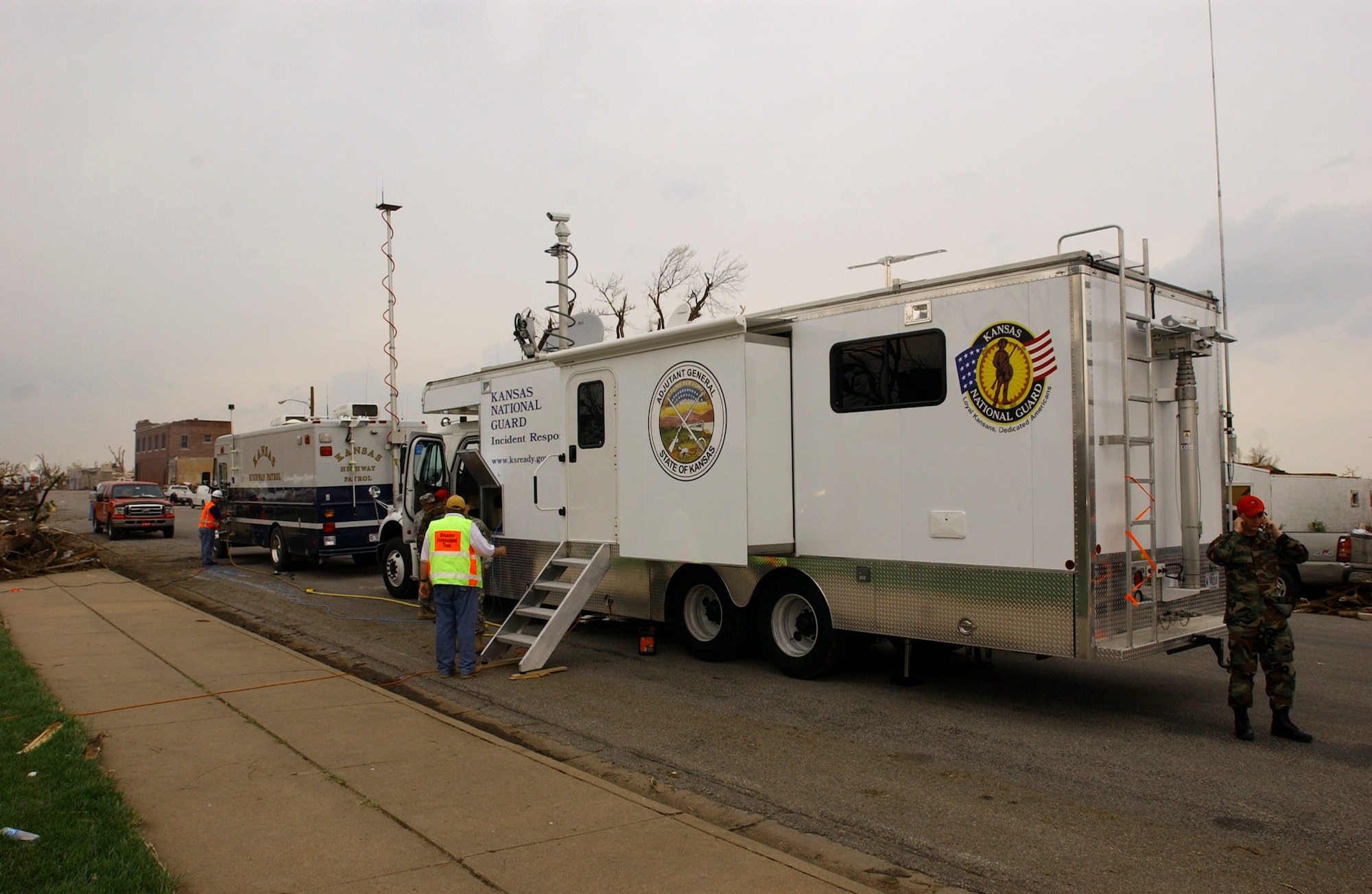 Kansas National Guardsmen brought their newest command and control center, called the C2V, to the town of Greensburg, Kan., where a devastating tornado demolished more than 90 percent of the town.  This rolling communication center allowed the Guardsmen to coordinate timely assistance from locations throughout the state.  (U.S. Air Force photo)