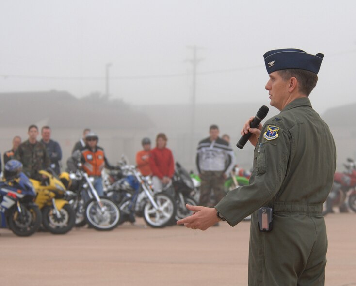 Colonel Timothy Ray, 7th Bomb Wing commander, speaks to members of Team Dyess about motorcycle safety May 11 during a Motorcycle Rodeo. (U.S Airforce photo by Staff Sgt. Araceli Alarcon)