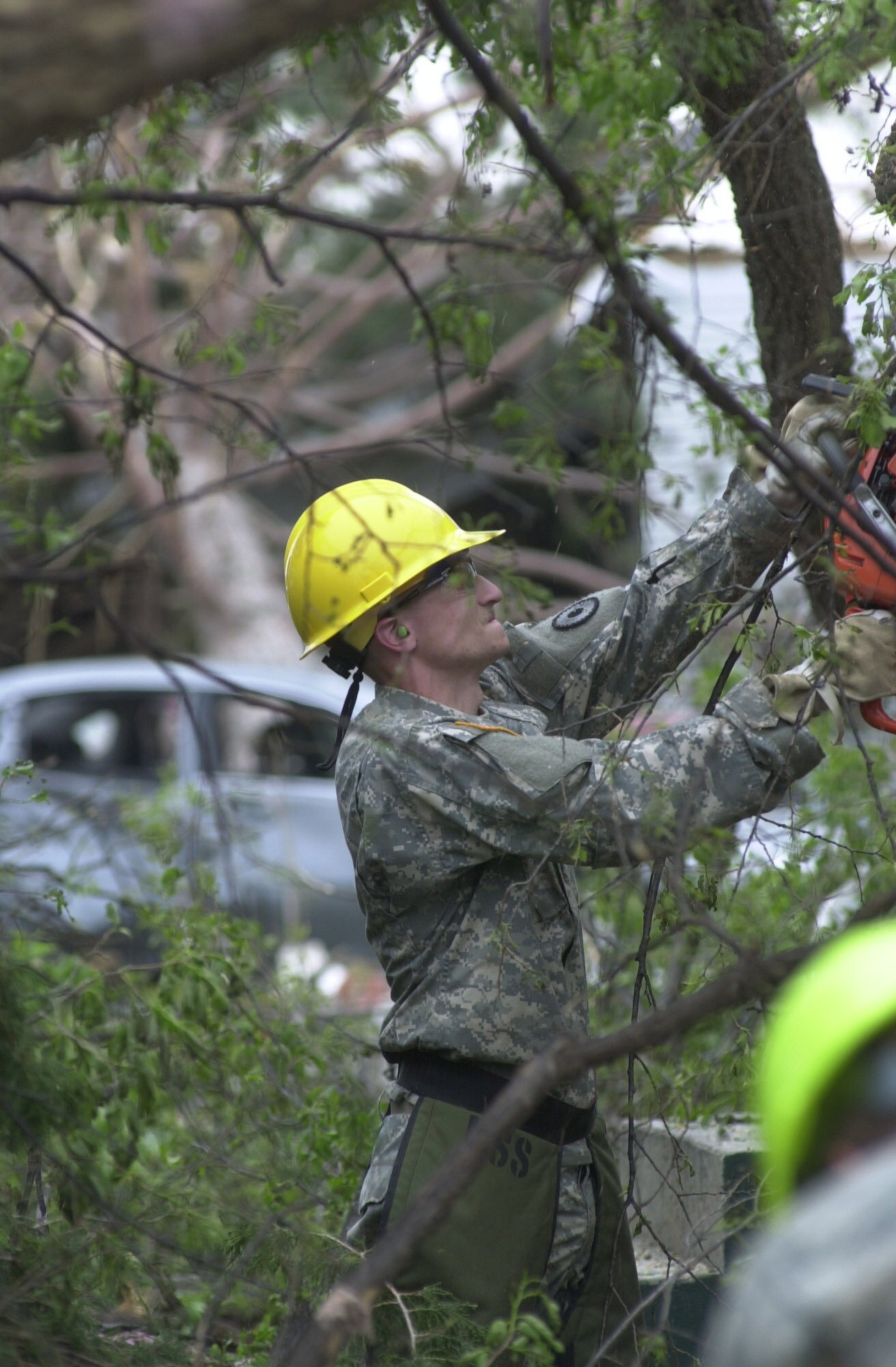 U.S. Army Spc. Robbie Gould chainsaws a downed tree May 8  near the courthouse of Greensburg, Kan., after an F5 tornado struck the town May 4. Specialist Gould is assigned to the 226th Engineering Company of the Kansas Army National Guard. Around 500 Army and Air National Guardmembers are in Greensburg removing debris, providing security, generating power, preparing food and performing other disaster relief functions. (U.S. Air Force photo/Master Sgt. Greg Rudl) 
