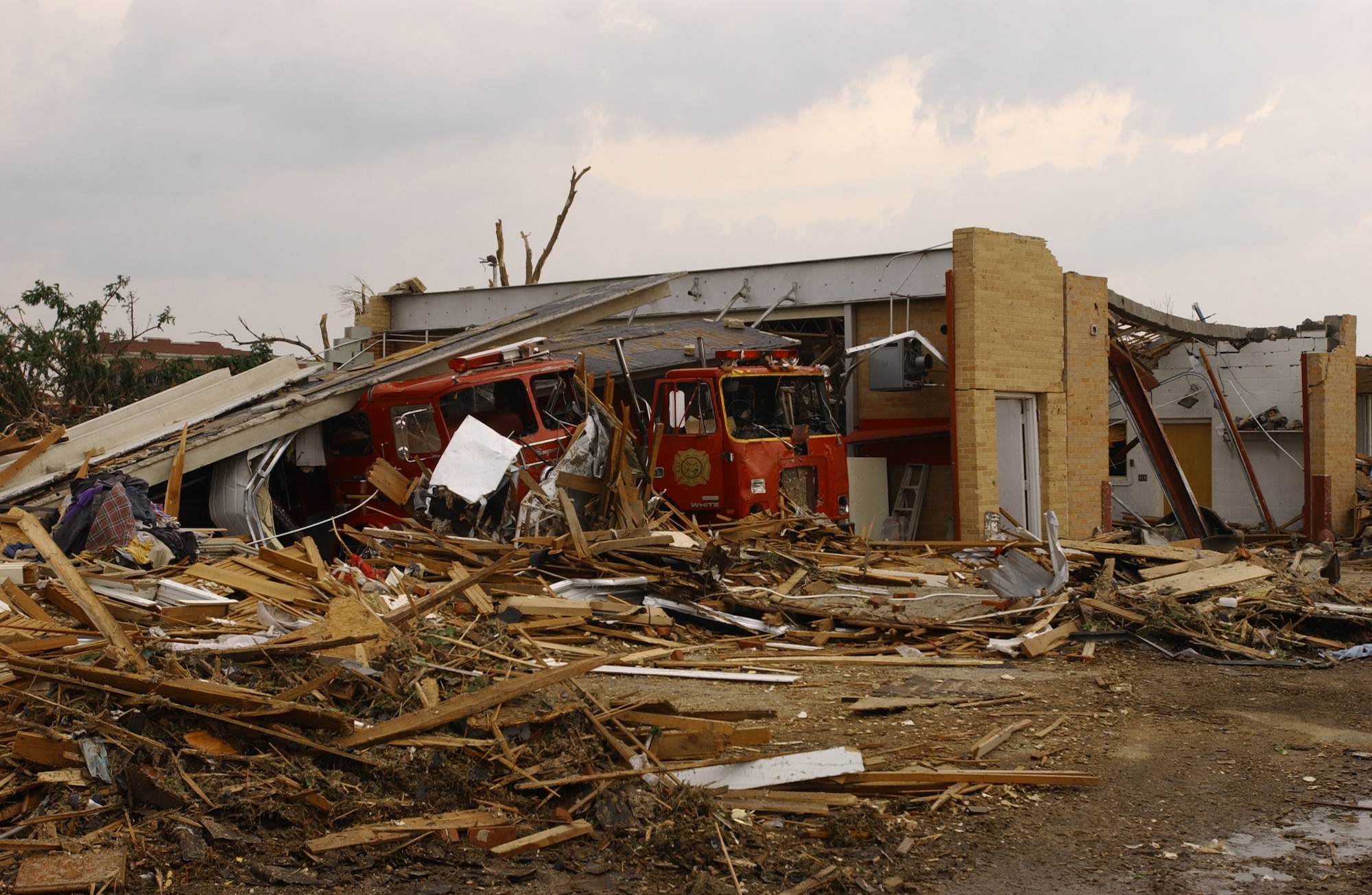 The Greensburg Fire department is shown following an F5 tornado hit this Kansas town May 4. Around 500 Army and Air National Guardmembers are in Greensburg removing debris, providing security, generating power, preparing food and performing other disaster relief functions. (U.S. Air Force photo/Master Sgt. Greg Rudl)                        