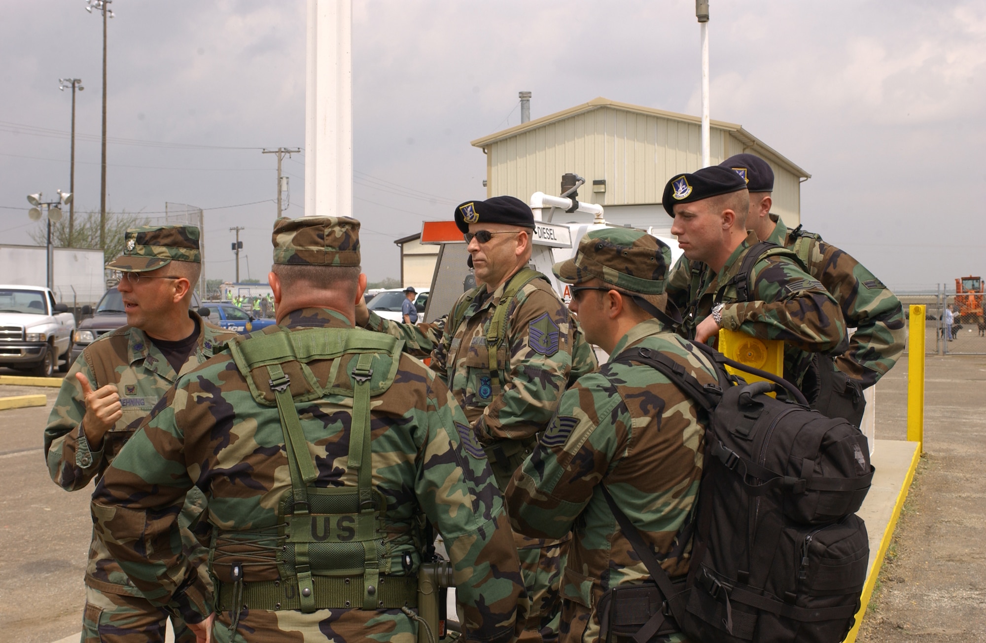 Airmen from the 184th Air Refueling Wing of the Kansas Air National Guard are briefed as they prepare to help in the aftermath of the May 4 tornado that struck Greensburg, Kan. Around 500 Army and Air National Guardmembers are in Greensburg removing debris, providing security, generating power, preparing food and performing other disaster relief functions. (U.S. Air Force photo)                   