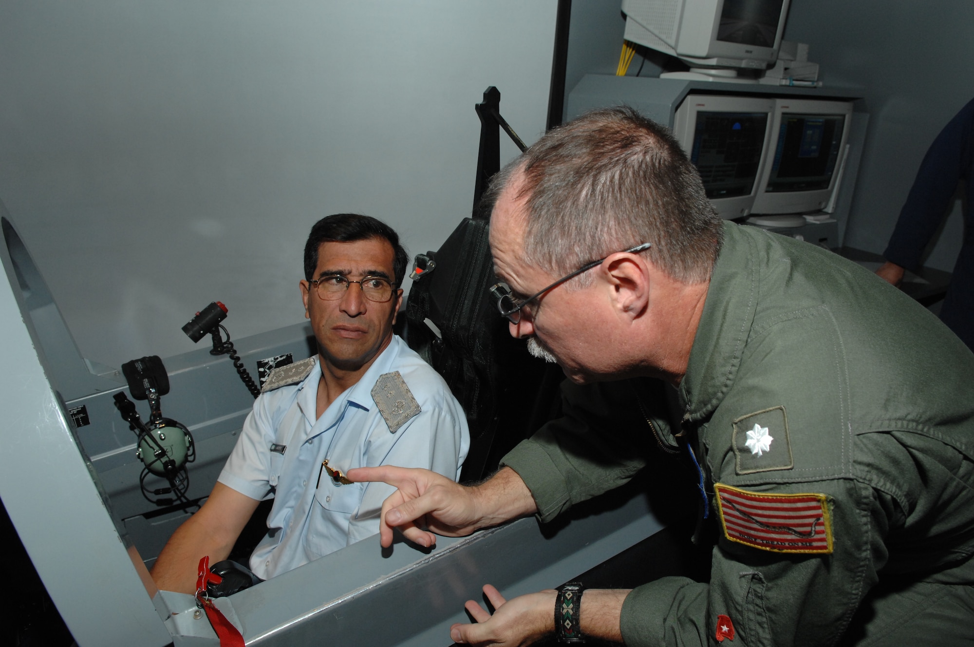 Brigadier Raul Acosta, personnel commander, Argentine air force sets ready to begin his T-6 simulation ride at Randolph AFB, May 3. (Photo courtesy of USAF)