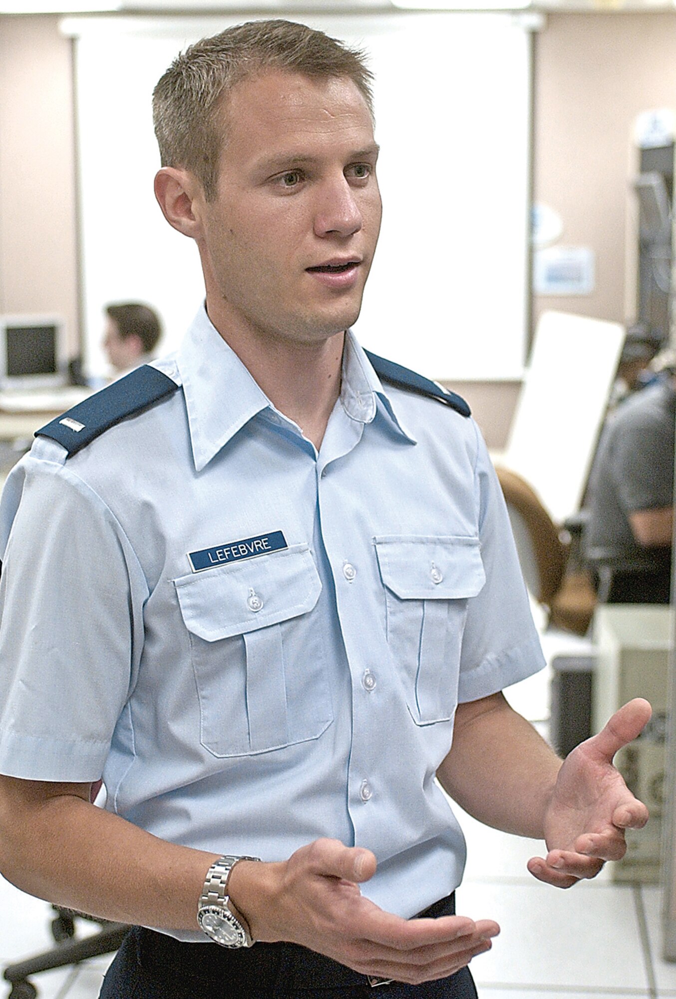 First Lt. Austen Lefebvre of the Air Force Research Laboratory at Wright-Patterson Air Force Base volunteers usually once a week at the Dayton Veterans Affairs’ hospice. With the goal of someday becoming a doctor, Lt. Lefebvre said, “I just like being able to sit down and listen, to try to be a friend.” (U.S. Air Force/Spencer P. Lane)