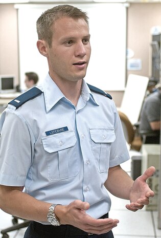 First Lt. Austen Lefebvre of the Air Force Research Laboratory at Wright-Patterson Air Force Base volunteers usually once a week at the Dayton Veterans Affairs’ hospice. With the goal of someday becoming a doctor, Lt. Lefebvre said, “I just like being able to sit down and listen, to try to be a friend.” (U.S. Air Force/Spencer P. Lane)