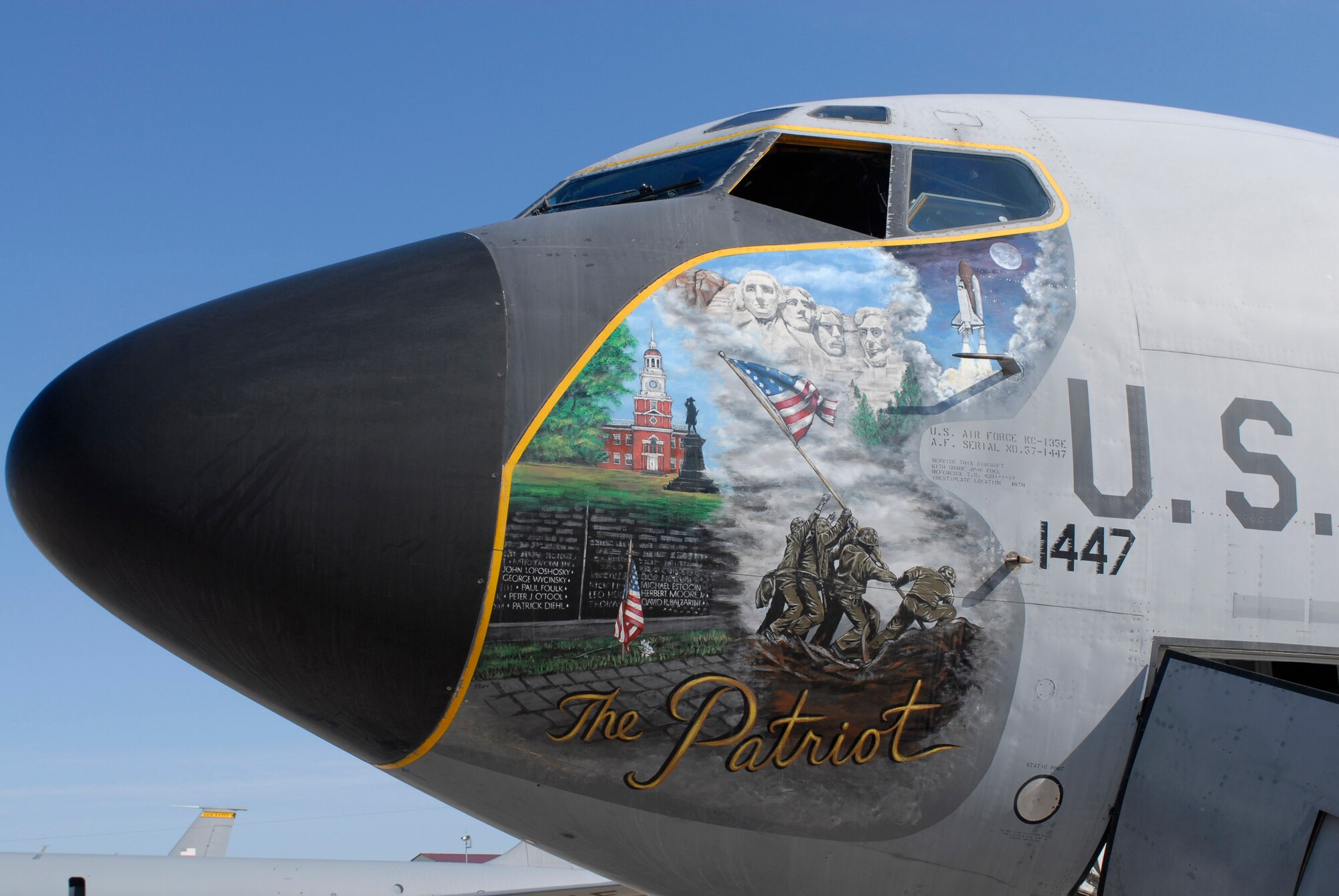 An aging Iowa Air National Guard KC-135 Stratotanker, displaying patriotic nose art, is about to retire.  The KC-135, assigned to the 185th Air Reserve Wing in Sioux City, was flown to Davis-Monthan Air Force Base, Ariz., where the aircraft will be officially retired. (U.S. Air Force photo/Master Sgt. Vincent De Groot)