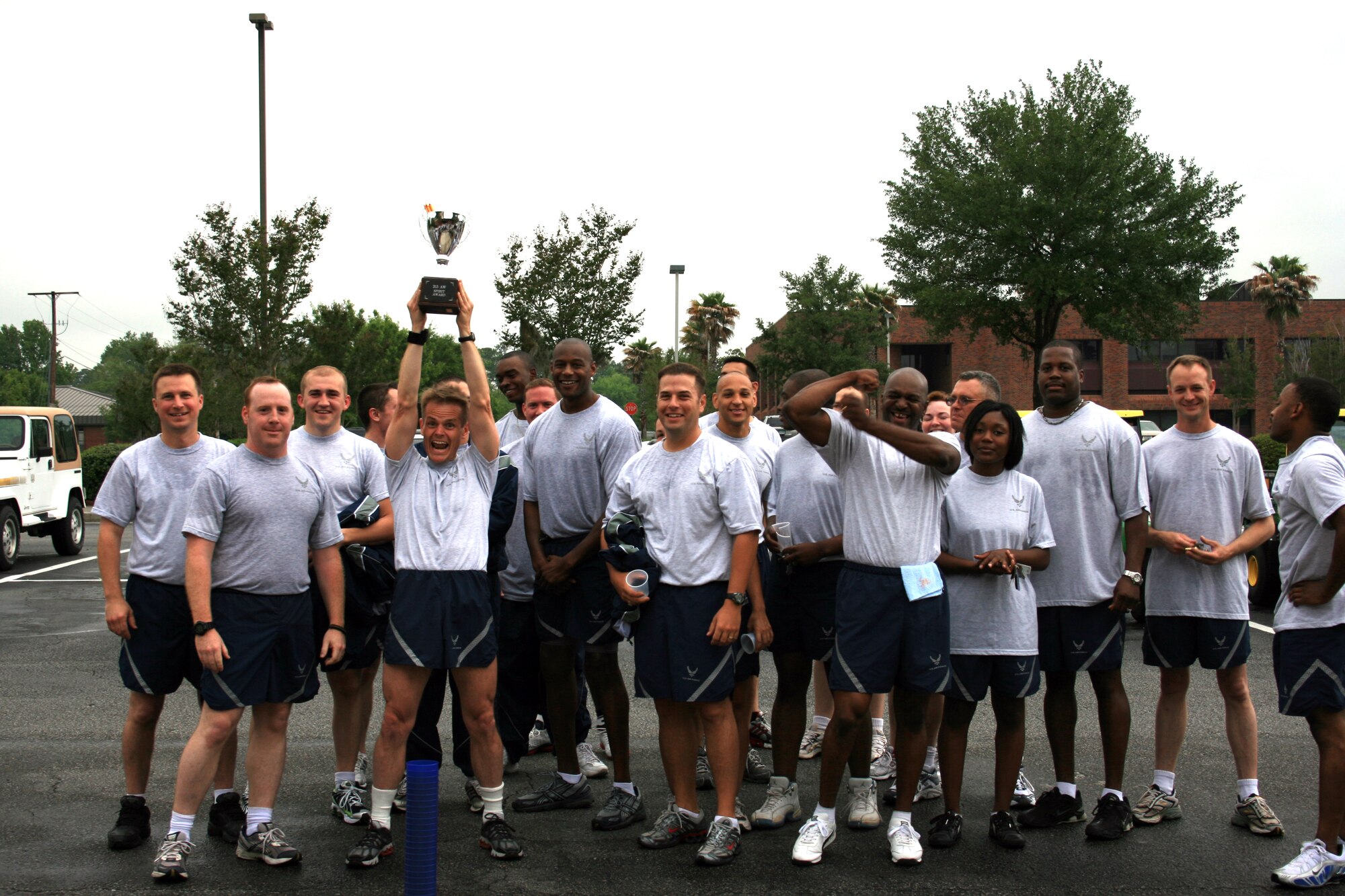 Members of the 315th Security Forces Squadron, Charleston Air Force Base, S.C., win the commander's spirit award during the first ever commander's fun run. (photo by Tech. Sgt. Sonji Piefke, USAFR)