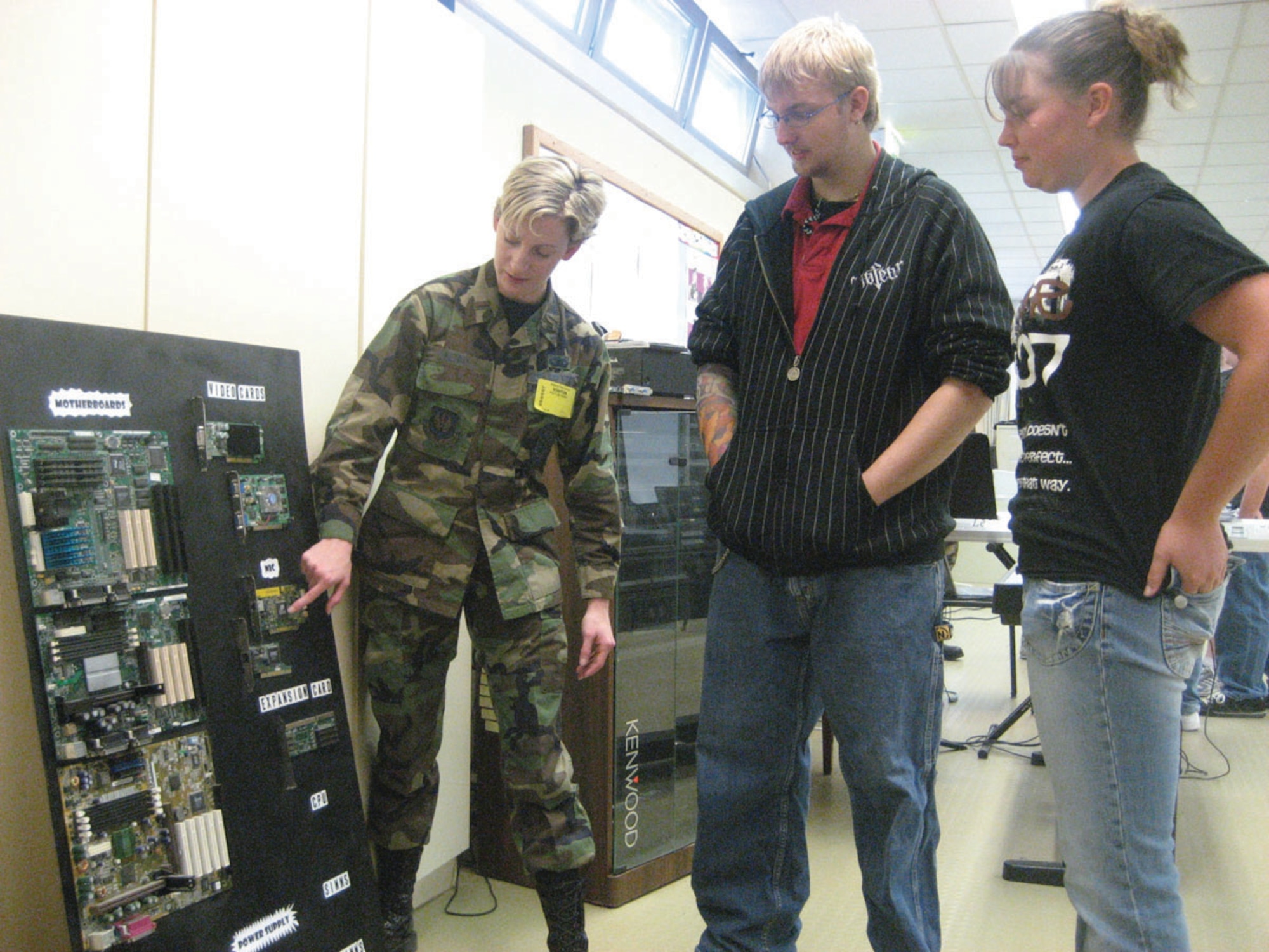 SPANGDHALEM AIR BASE, GERMANY -- Bitburg High School students listen to 2nd Lt. Kaitlin Kenny, 52nd Communications Squadron network control center OIC, during Career Exposure Day at Bitburg High School May 4. Lieutenant Kenny's presentation covered the computer technology career field, specifically, what students could do as a civilian in the computer or IT industry, and opportunities available while serving in the U.S. Air Force in the Communications field. (U.S. Air Force photo/Staff Sgt. Andrea Knudson)