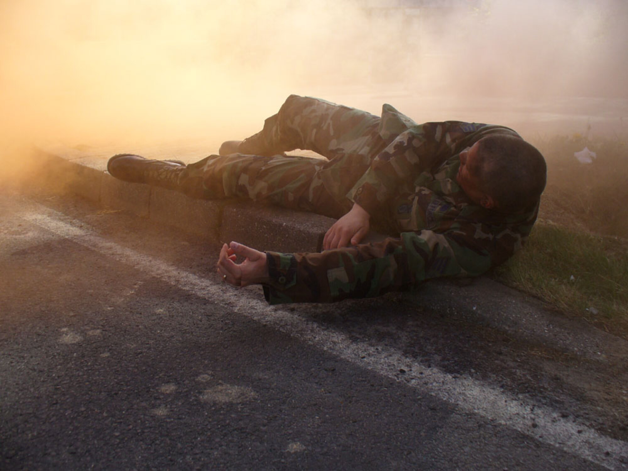 BUECHEL AIR BASE, GERMANY -- Senior Airman Ryan Thomas, 702nd Munitions Support Squadron custody flight, acted as a role player during the joint antiterrorism exercise April 27 at Buechel AB. Both U.S. and German Air Force members conducted the AT exercise. (Photo by Master Sgt. Jorg Benzrath)