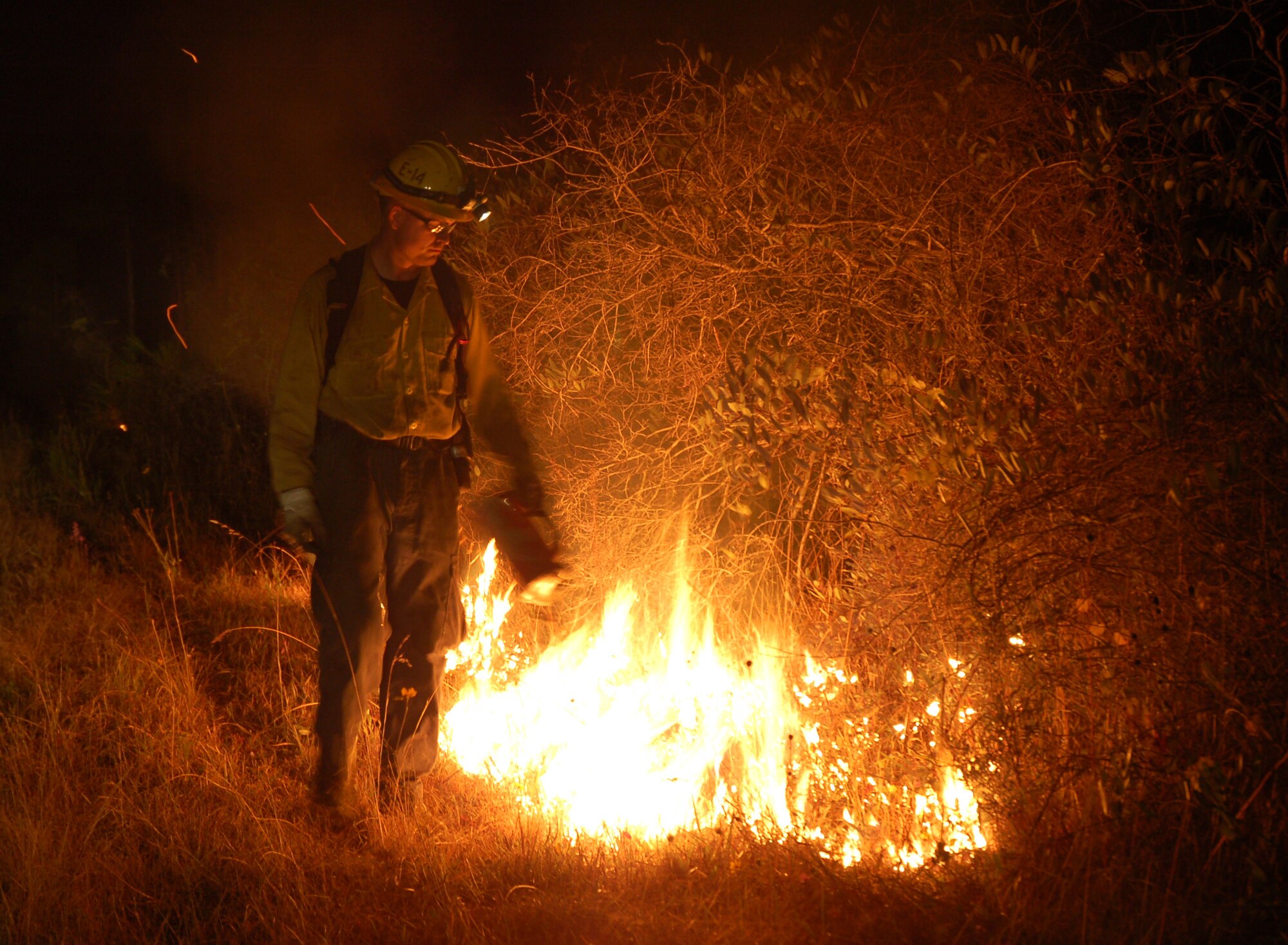 Carl Goodwin ignites underbrush and monitors the flames recently near the Enlisted Club at Tyndall Air Force Base, Fla. Mr. Goodwin is with the U.S. Forest Service.  Tyndall AFB members train members of federal agencies from across the nation in the art of prescribed burning, wildfire suppression and ecological regeneration through controlled burns. (U.S. Air Force photo/Tech. Sgt. Edward Gyokeres) 