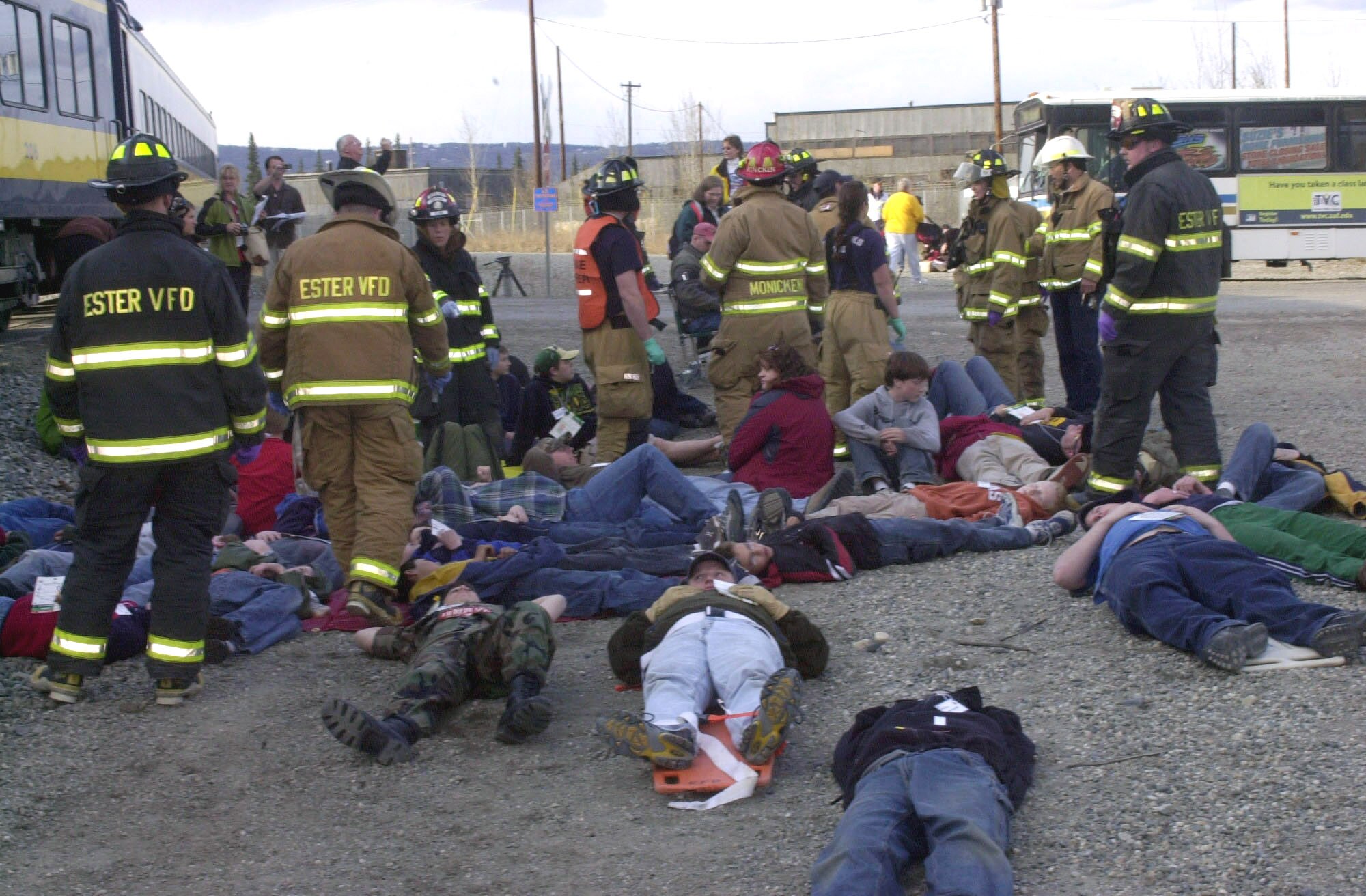 Rescue workers from fire departments monitor and evacuate simulated casualties of a train collision May 8 as part of Alaska Shield/Northern Edge 2007 in Fairbanks, Alaska. The exercises, which are scheduled to run from May 7 to 18, test military and civilian authorities throughout Alaska on all aspects of emergency preparedness as they respond to a variety of scenarios including natural disasters and major accidents. (U.S. Air Force photo/Staff Sgt. J.G. Buzanowski)