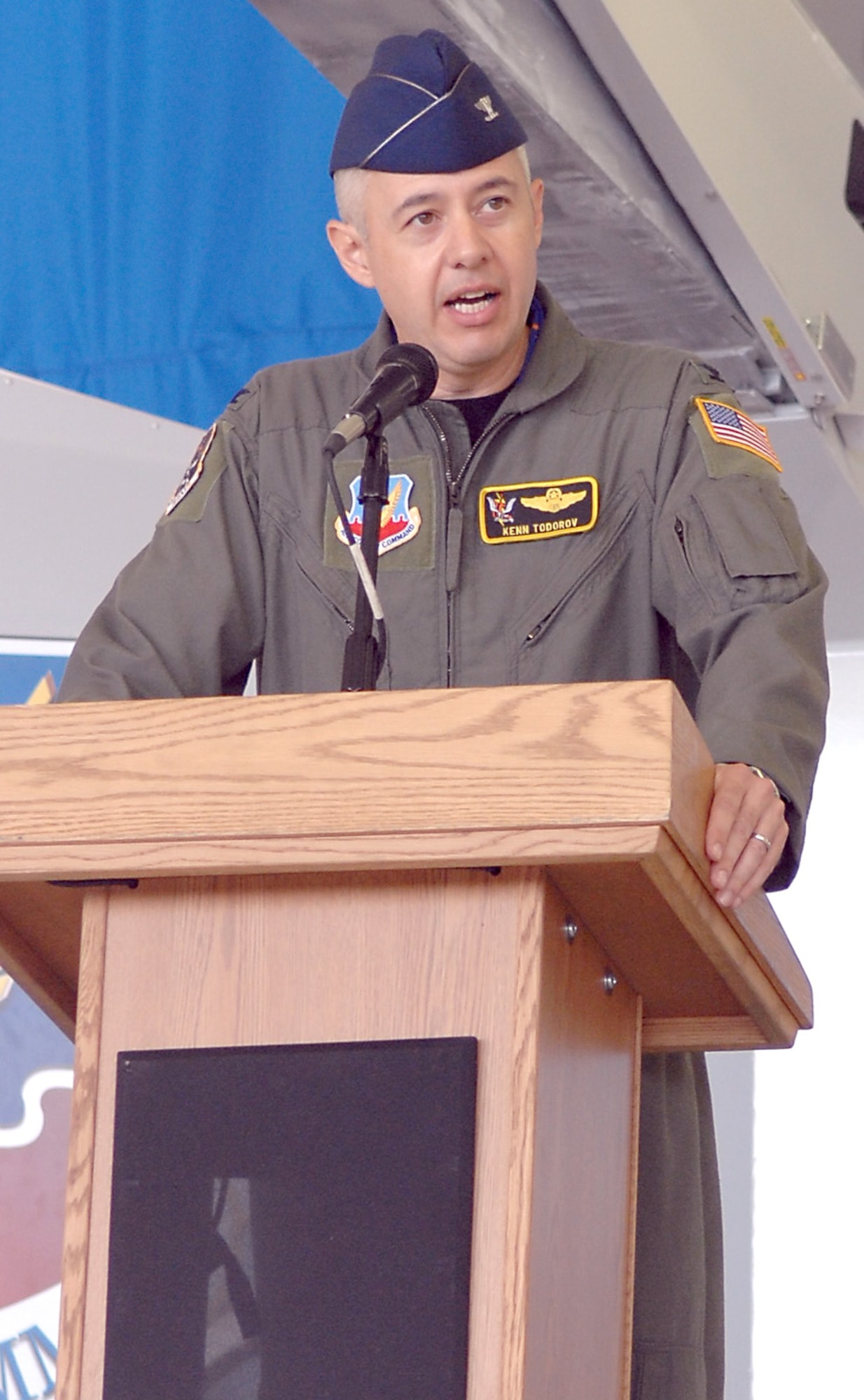 Col. Kenneth "Kenn" Todorov gives a speech to Team Moody during the 23rd Wing change of command ceremony May 11. Colonel Todorov officially succeeded Col. Joe Callahan, who is slated to become Air Combat Command deputy director of air and space operations at Langley Air Force Base, Va. (U.S. Air Force photo by Airman Brittany Barker)