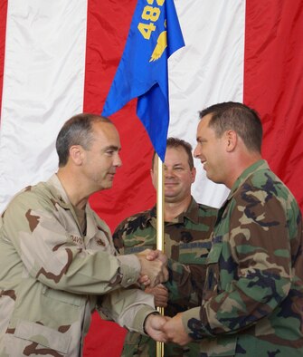 Maj. Luis M. Millares (right) is congratulated by Col. T. Glenn Davis, 482nd Maintenance Group commander, during a change of command ceremony at Homestead Air Reserve Base, Fla., May 6.  During the ceremony Maj. Luis M. Millares assumed command of the 482nd Fighter Wing’s Maintenance Squadron.  The squadron consists of 252 personnel responsible for aerospace ground equipment, munitions, repair and calibration of equipment, off-equipment maintenance of aircraft and fabrication of parts.   The squadron provides direct support to the 93rd Fighter Squadron’s F-16 “Mako” fighter jets. (U.S. Air Force photo/Dan Galindo)