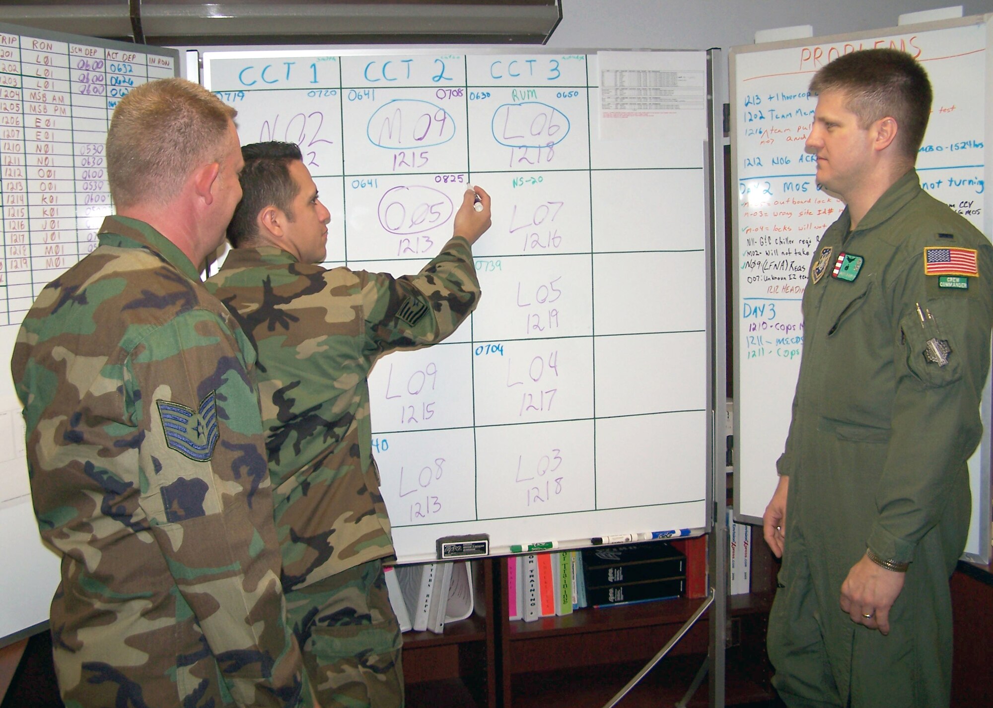 Tech. Sgt. Tom Hoopes, 90th Missile Operations Squadron; Tech. Sgt. Gregorio Escamilla, 90th MOS; and 1st. Lt. Henry Fair, 321st Missile Squadron, discuss the annual U.S. Strategic Command-directed code change. The code change process is a joint effort between the maintenance and operations groups. This week Warren completes the final code change for the year in the 90th Space Wing (Photo by Capt. Naomi Weaver).