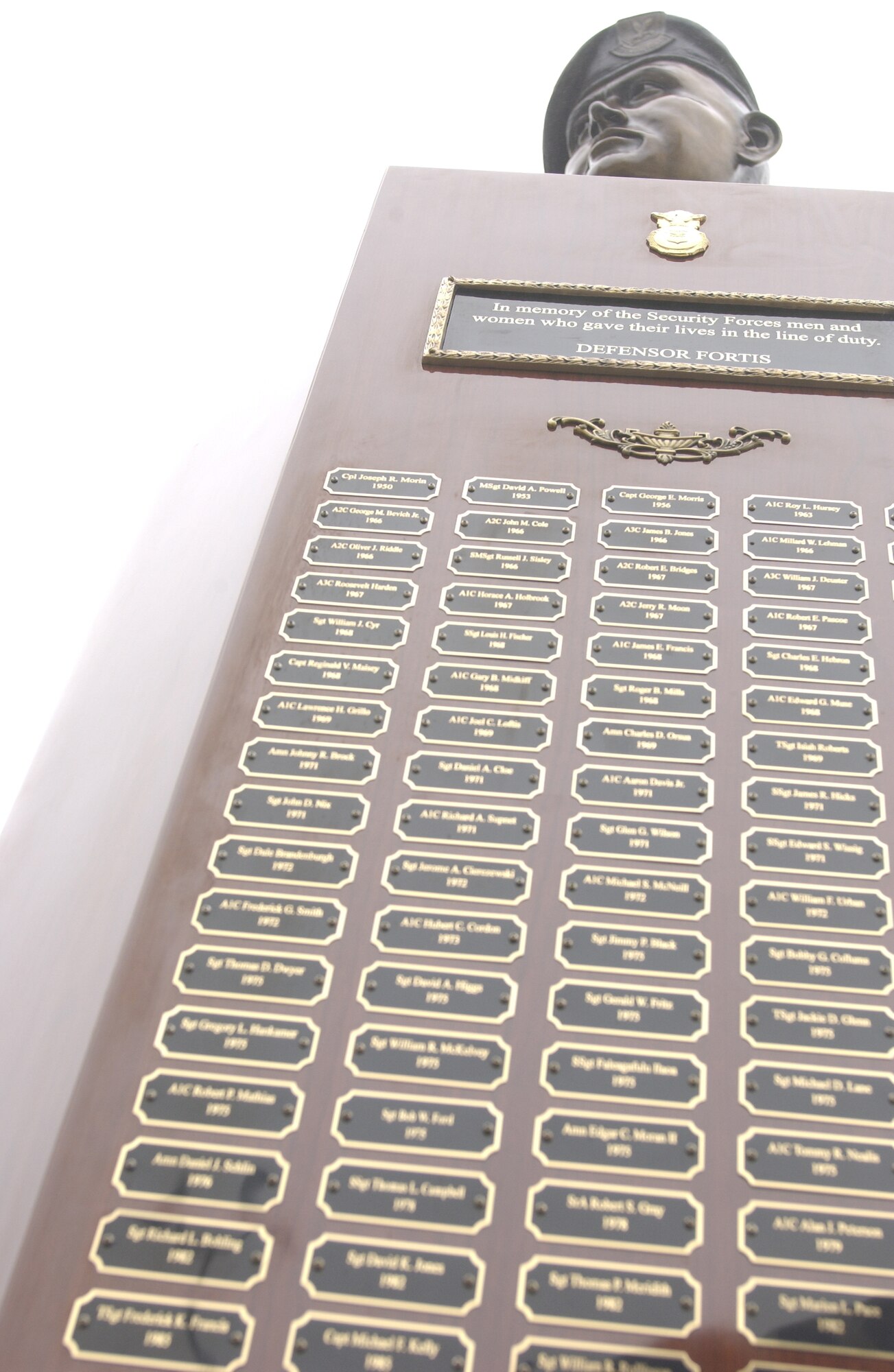 A Security Forces Memorial is displayed to honor two Airmen added to it,  Cpl. David Williams, and Airman 1st Class Leebernard Chavis, at the a Memorial Ceremony held by Security Forces at Vandenberg on May 14. The Security Forces Memorial reflects names of fallen Airmen in the Security Forces career field who were killed in the line of duty. (U.S. Air Force photos by Airman 1st Class Adam Guy)