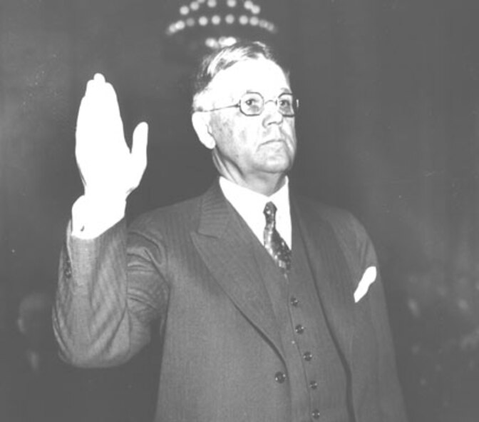 Walter Folger Brown is sworn in before testifying at a Senate committee hearing investigating airmail contracts in February 1934.
