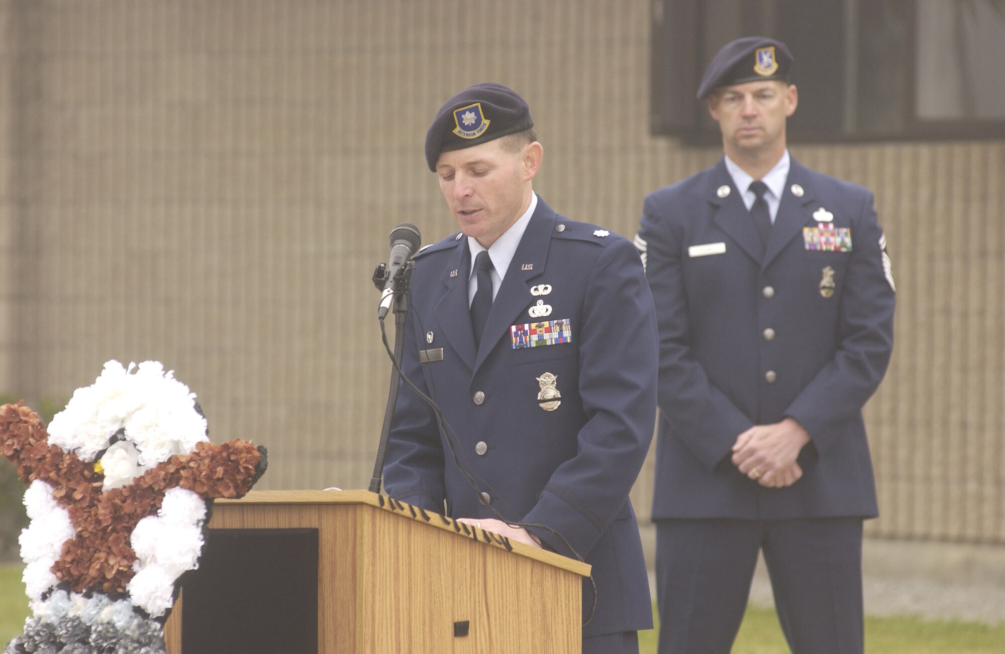 Lt. Col. Patrick Donley, 30th Security Forces Squadron Commander, delivers a speech at a Security Forces Memorial Ceremony to honor Cpl. David Williams, and Airman 1st Class Leebernard E. Chavis on May 14.  The Security Forces Memorial reflects names of fallen Airmen in the Security Forces career field who were killed in the line of duty. Cpl. Williams of Tamaqua Pennsylvania died March 4, 1951 in the line of duty while performing base security at Offut Air Force Base, NE.  Airman 1st Class  Chavis of Hampton, Virginia died October 14, 2006, while performing duties as a turret gunner with the 732nd Expeditionary Security Forces Squadron Det. 7 in Iraq. (U.S. Air Force photo by Airman 1st Class Adam Guy)