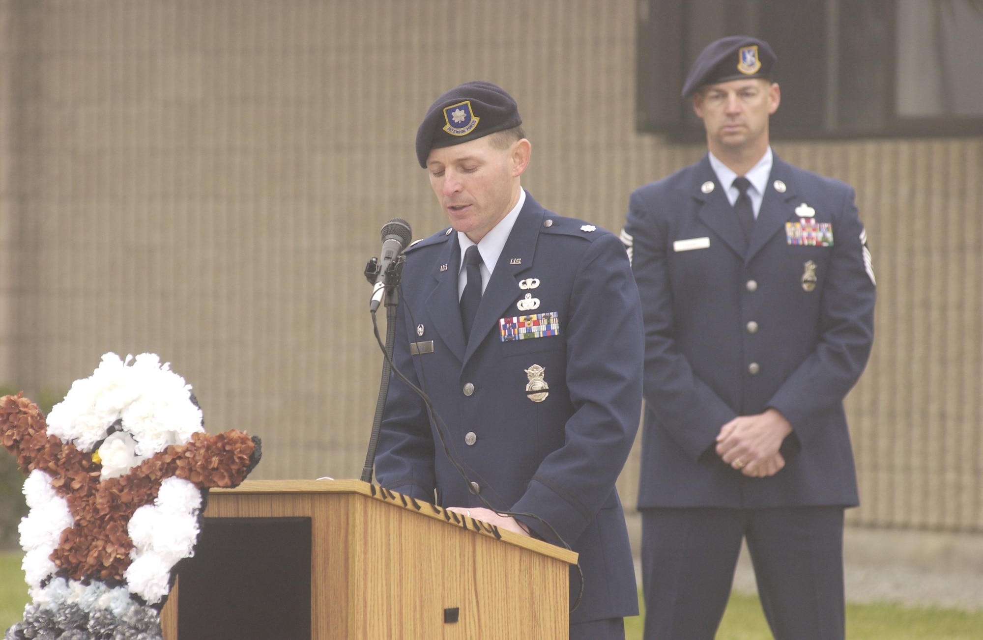 Lt. Col. Patrick Donley, 30th Security Forces Squadron Commander, delivers a speech at a Security Forces Memorial Ceremony to honor Cpl. David Williams, and Airman 1st Class Leebernard E. Chavis on May 14.  The Security Forces Memorial reflects names of fallen Airmen in the Security Forces career field who were killed in the line of duty. Cpl. Williams of Tamaqua Pennsylvania died March 4, 1951 in the line of duty while performing base security at Offut Air Force Base, NE.  Airman 1st Class  Chavis of Hampton, Virginia died October 14, 2006, while performing duties as a turret gunner with the 732nd Expeditionary Security Forces Squadron Det. 7 in Iraq. (U.S. Air Force photo by Airman 1st Class Adam Guy)