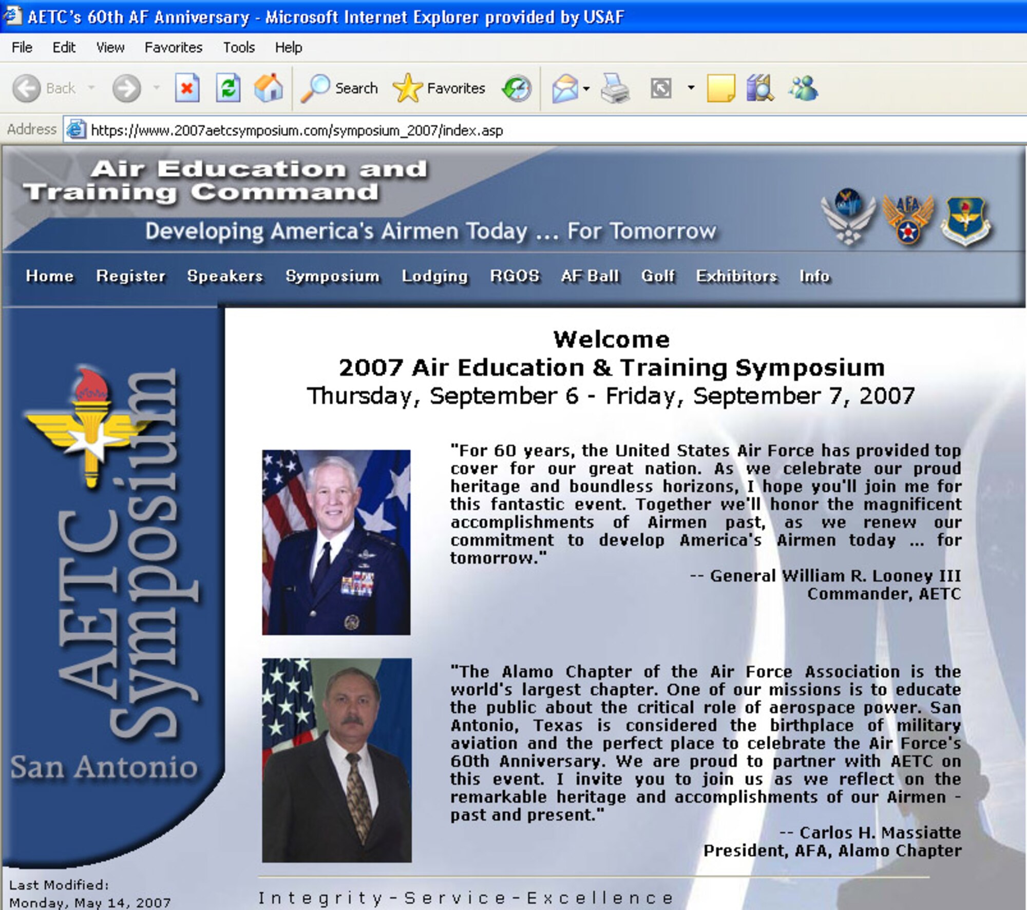 The home page of the 2007 Air Education and Training Symposium.  Those wishing to attend the Symposium and 60th Anniversary Air Force Ball in San Antonio September 5-7 should register at https://www.2007aetcsymposium.com. (U.S. Air Force image)
