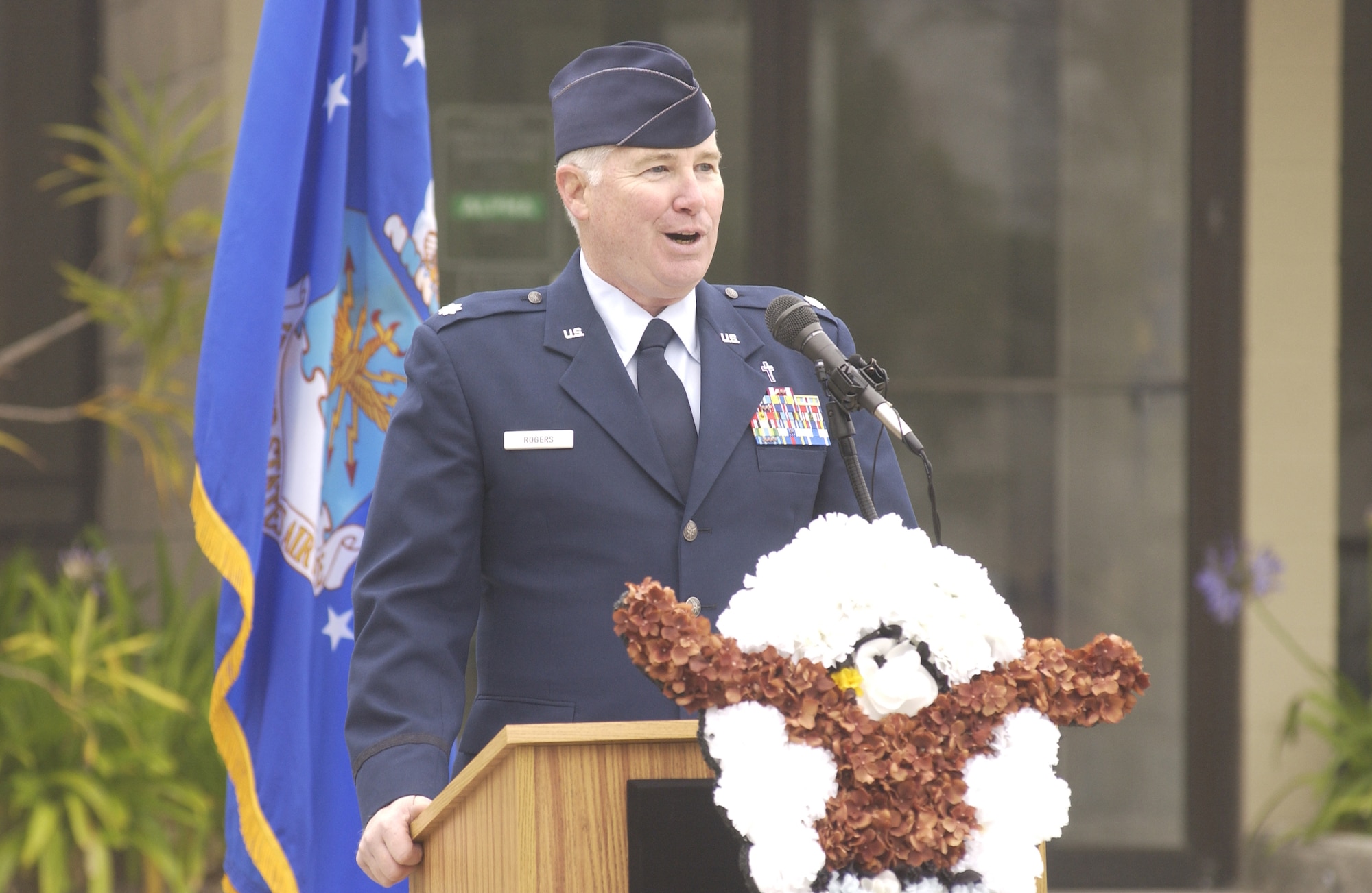 Lt. Col. Glenn Rogers, 30th Space Wing head chaplain, delivers a speech honoring Cpl. David H.Williams, and Airman 1st Class Leebernard E. Chavis at a Memorial Ceremony held by Security Forces here on May 14.  The Security Forces Memorial reflects names of fallen Airmen in the security forces career field who were killed in the line of duty.  Cpl. Williams of Tamaqua Pennsylvania died March 4, 1951 in the line of duty while performing base security at Offut Air Force Base, NE.  Airman First Class Chavis of Hampton, Virginia died October 14, 2006, while performing duties as a turret gunner with the 732nd Expeditionary Security Forces Squadron Det. 7 in Iraq. (U.S. Air Force photo by Airman 1st Class Adam Guy)