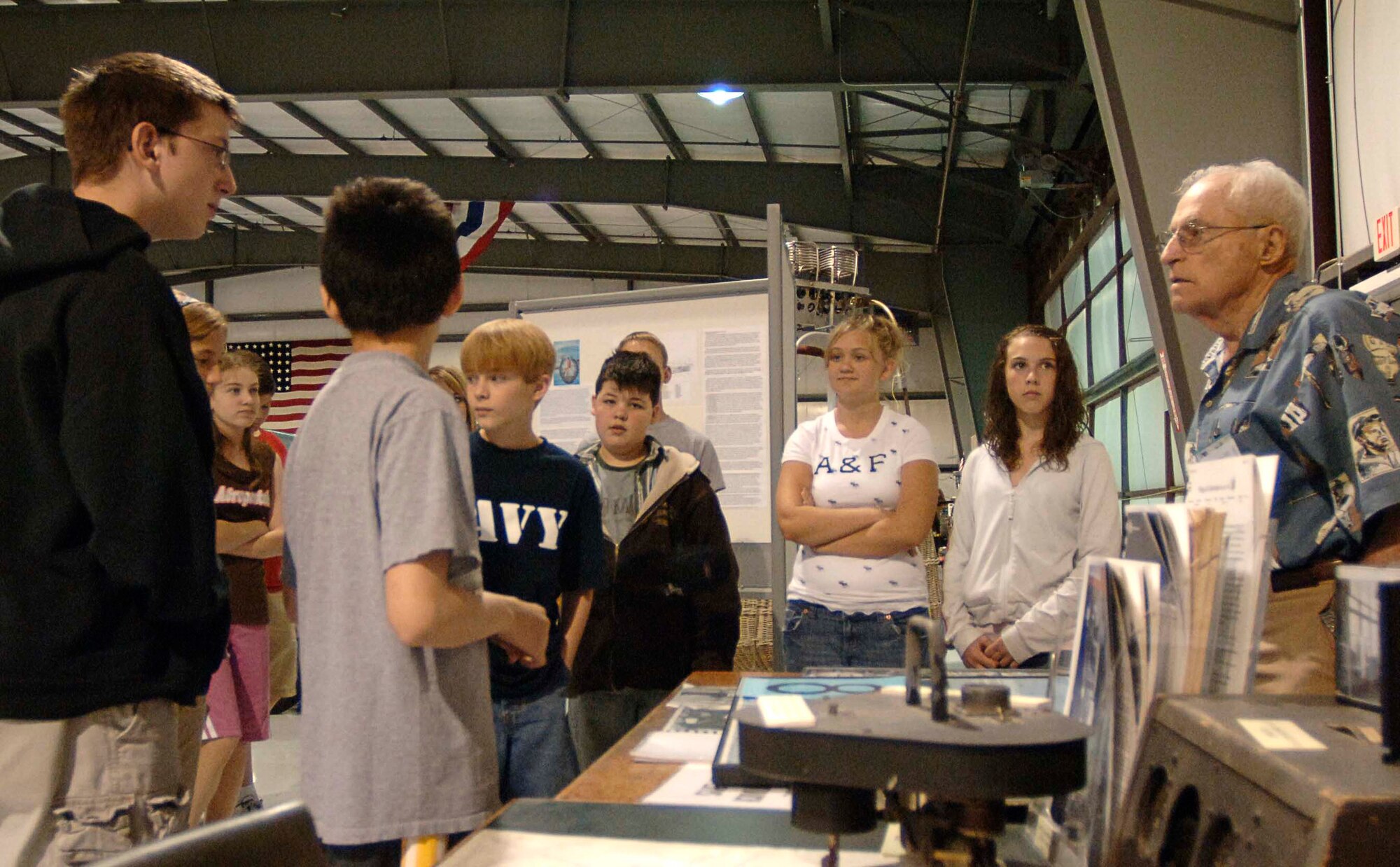 MOUNTAIN HOME AIR FORCE BASE, Idaho -- George Eldridge recounts his time in the Army Air Corps during World War II to students from Eagle Middle School at the Warhawk Air Museum in Nampa, Idaho, May 11. The museum hosts six to eight programs each year involving WWII veterans to give students first-hand accounts of life during the war. Air Force photo by Airman 1st Class Stephany Richards
