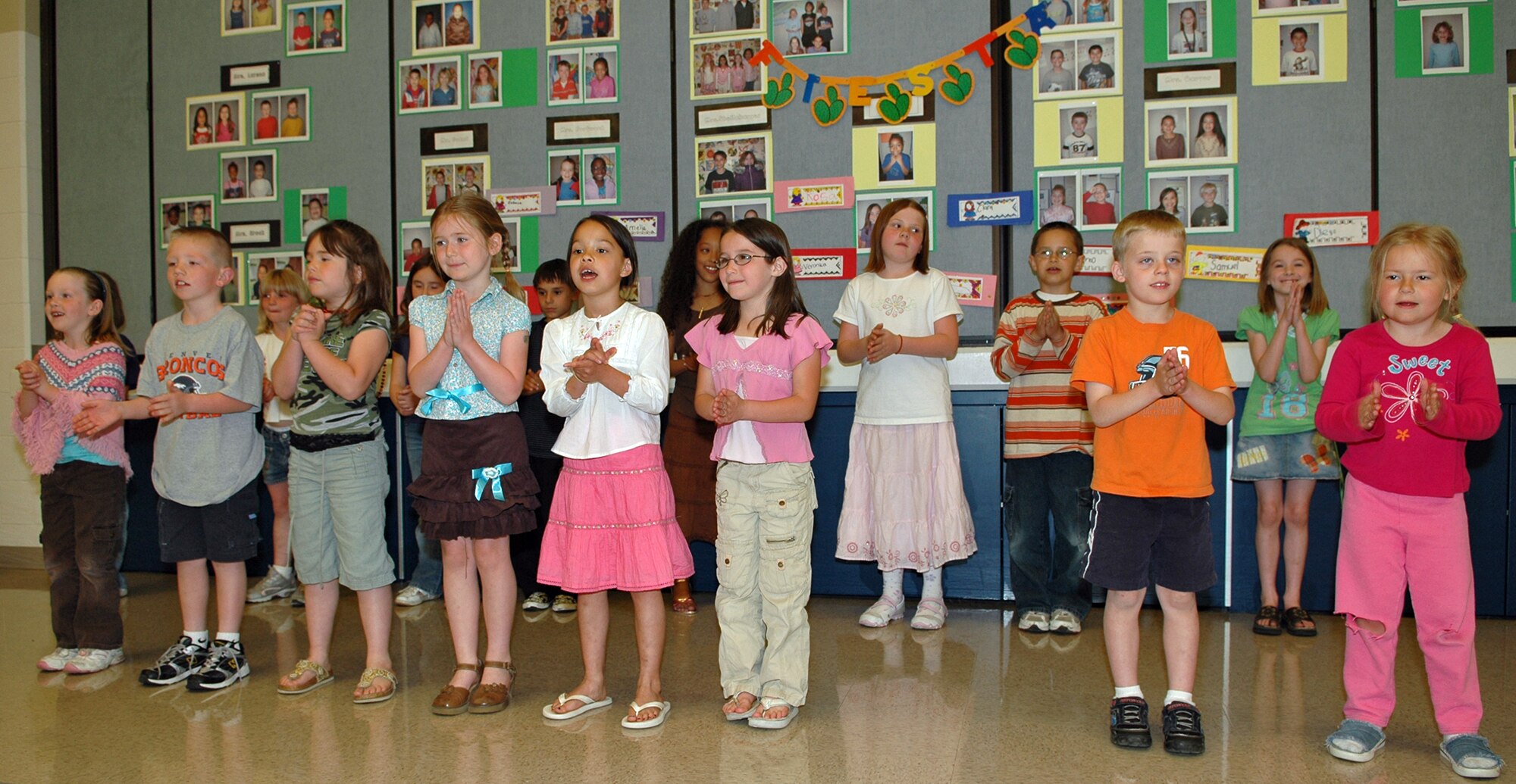FAIRCHILD AIR FORCE BASE, Wash. – Students in Karen Dunlop’s Spanish class sing during a fiesta in the cafeteria at Michael Anderson Elementary School May 10. The class was a supplemental program that met twice a week after school. (U.S. Air Force photo/Staff Sgt. Kristian Carter)