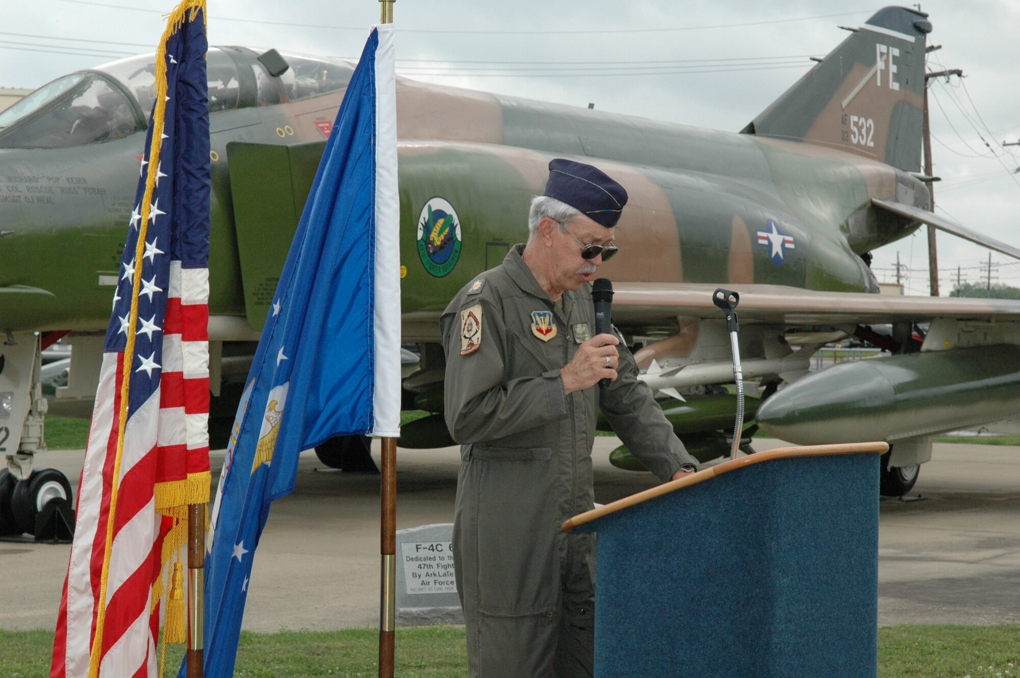 Retired Maj. Fred Holmes speaks to Wing members at the F-4 dedication ceremony Saturday, May 5 at the static display outside Wing headquarters. (U.S. Air Force photos/Tech. Sgt. Jeff Walston)