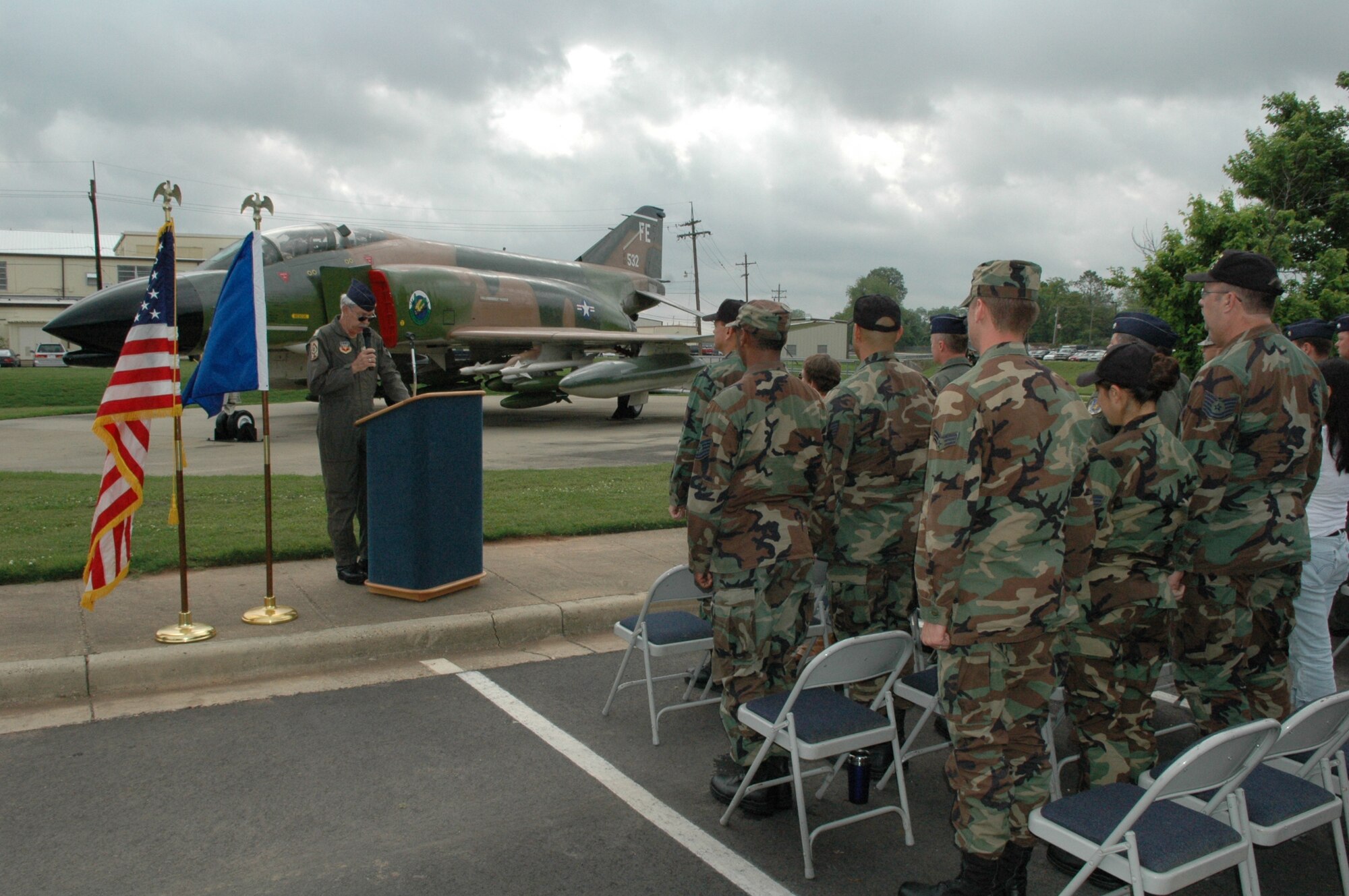 Retired Maj. Fred Holmes speaks to Wing members at the F-4 dedication ceremony Saturday, May 5 at the static display outside Wing headquarters. (U.S. Air Force photos/Tech. Sgt. Jeff Walston)