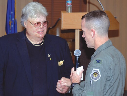 355th Fighter Wing Commander Col. Kent Laughbaum awards Dr. Dave Roever a commander's coin in appreciation for his sacrifice, dedication, loyalty and continued motivational messages to troops around the world.
(U.S. Air Force photo/Airman 1st Class Alesia Goosic)