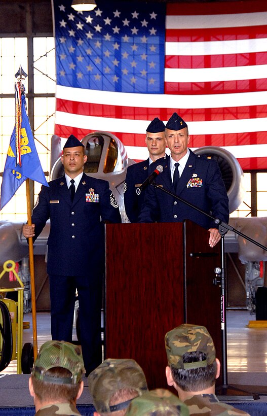 The new commander of the 362d Training Squadron, Maj. Terry Koester, speaks after the formal change of command ceremony May 14 in hanger 1090. (U.S. Air Force photo/Harry Tonemah)
