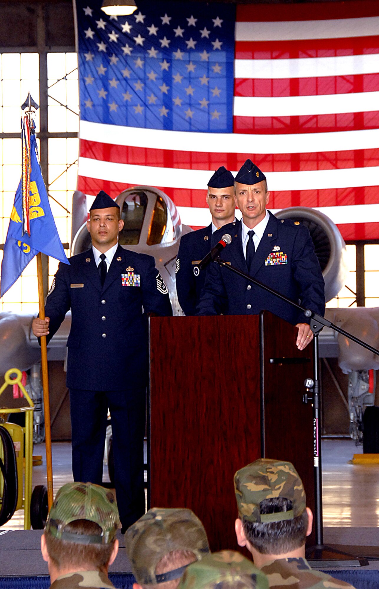 The new commander of the 362d Training Squadron, Maj. Terry Koester, speaks after the formal change of command ceremony May 14 in hanger 1090. (U.S. Air Force photo/Harry Tonemah)